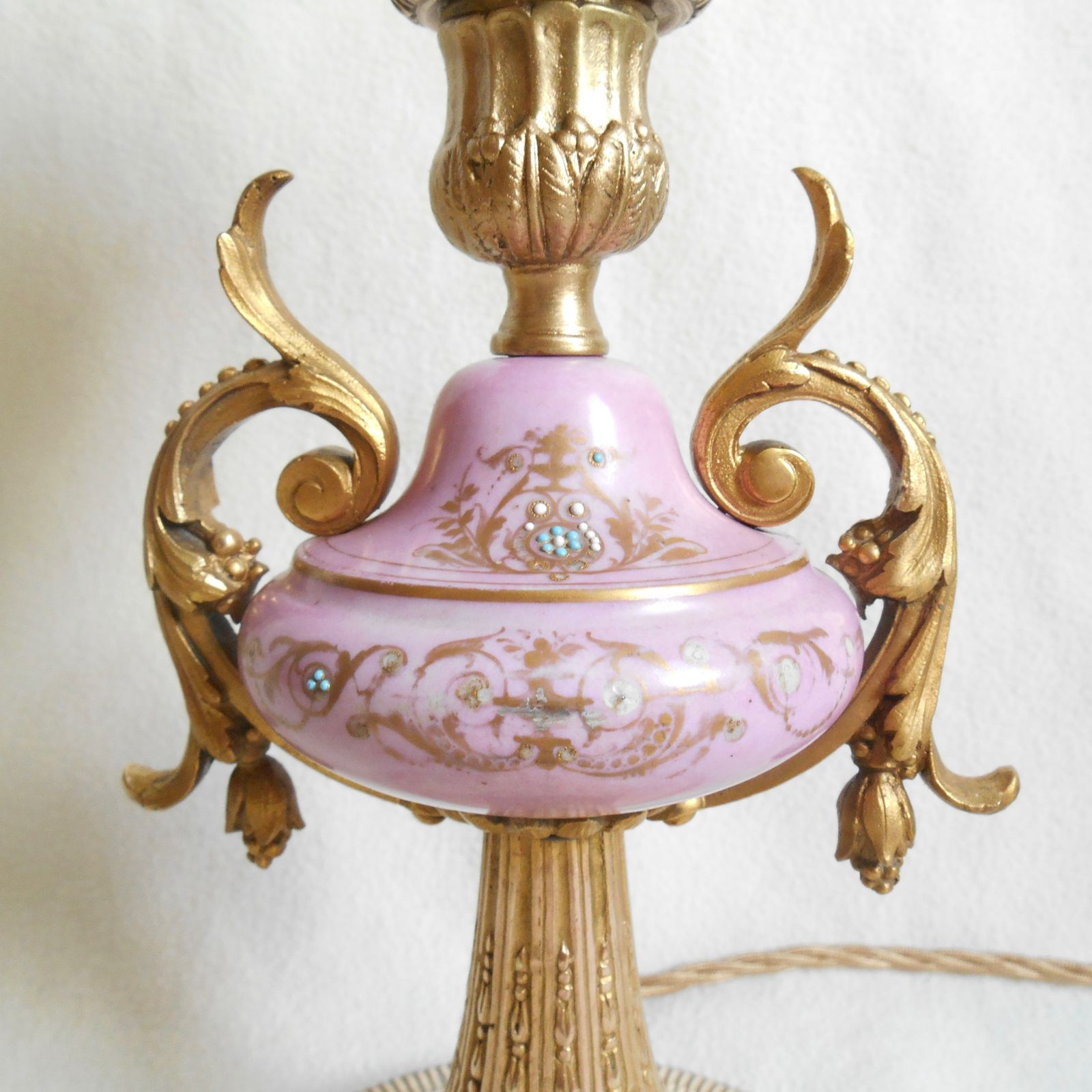 photo for sale An Antique Pink And Gold Table Lamp With An Opaline Glass Shade