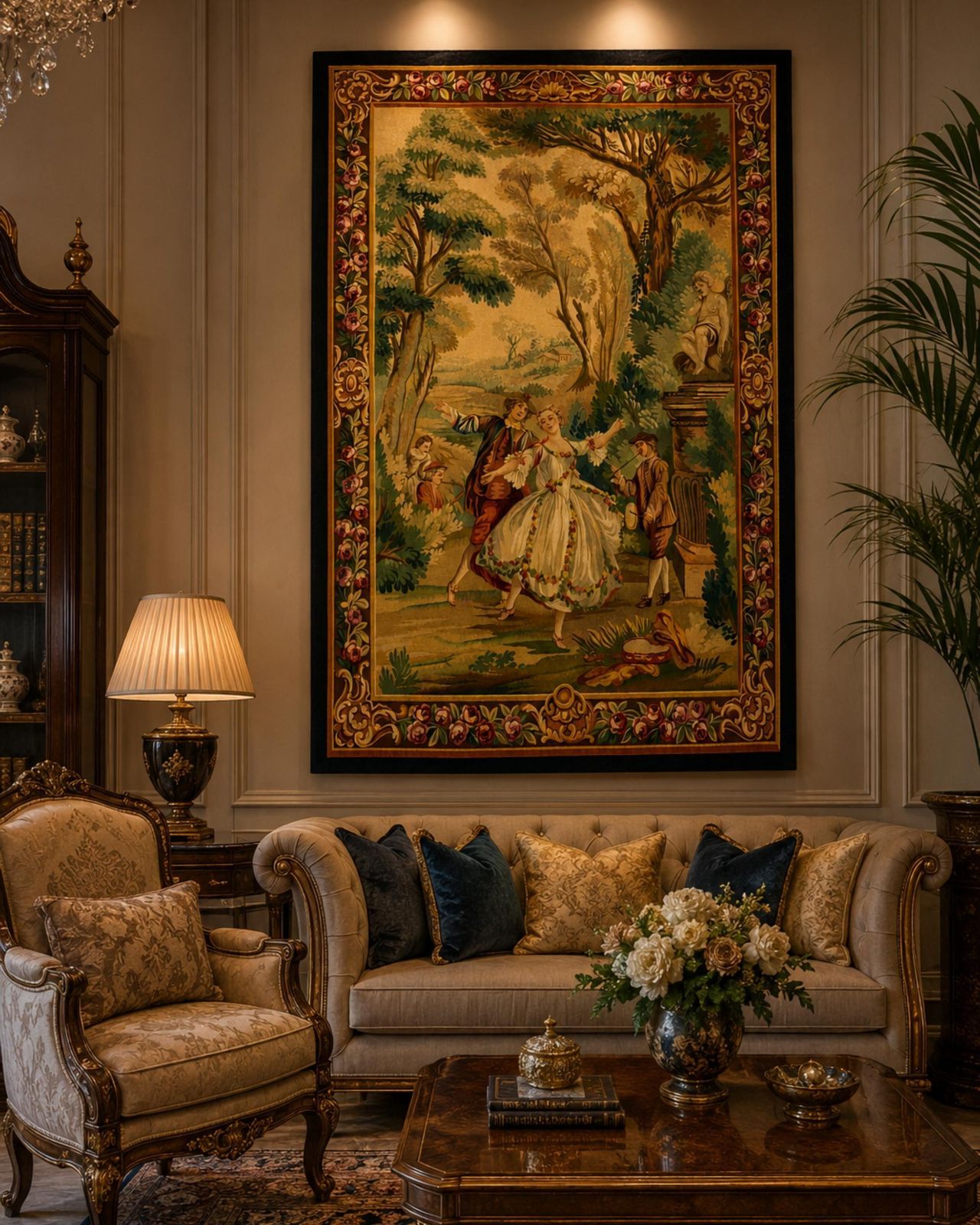 Tapisserie murale en laine de style français, scène de cour romantique et verdure photo furniture