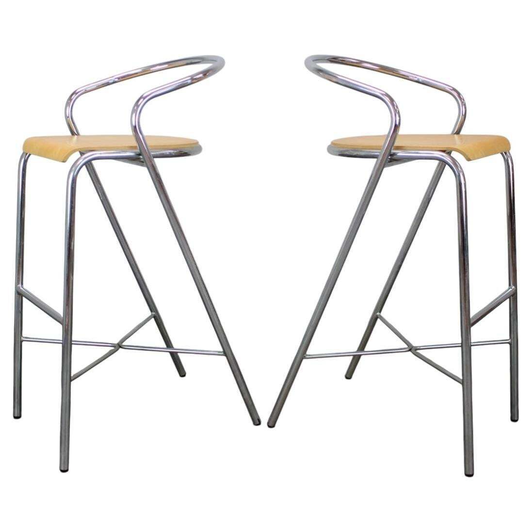 Pair Of Kovonax Chrome Bar Stools With Bentwood Seats, Czech Republic, 1999