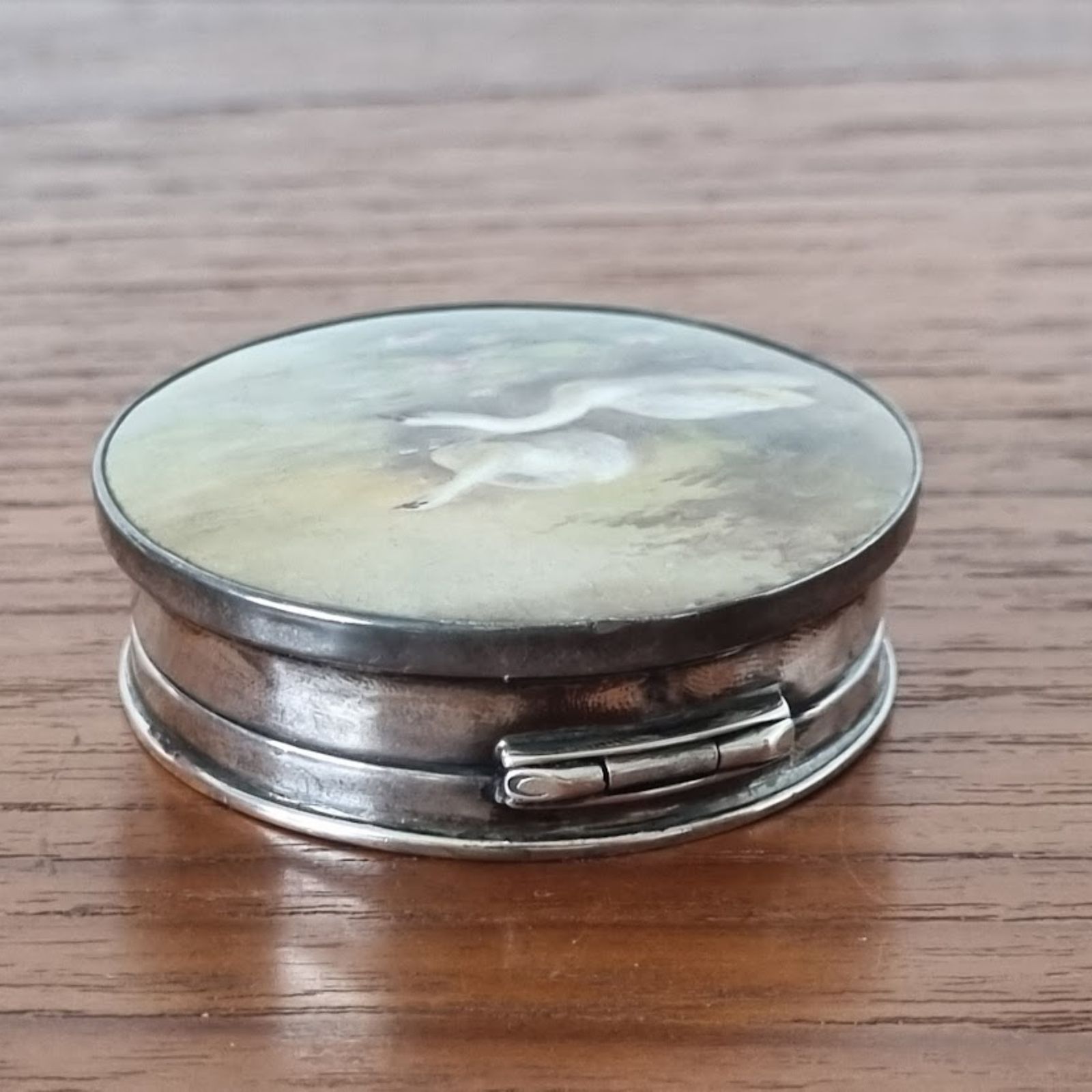 1926 Sterling Zilver Email Zwaan Compact Spiegel van Sanders & Mackenzie photo vintage