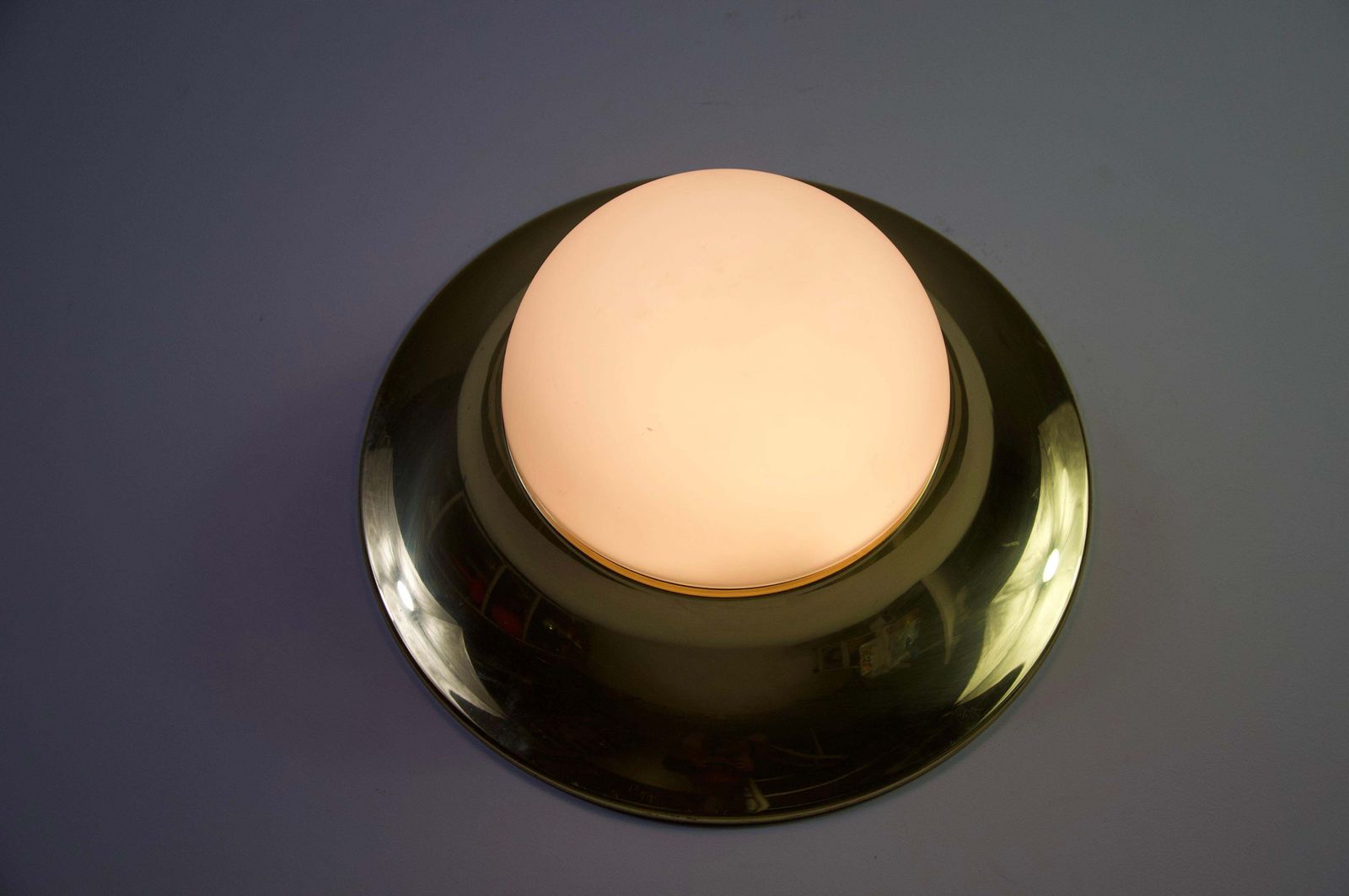 Lighting Brass And Opaline Glass Flush Mount By Glashütte Limburg, 1960s photo