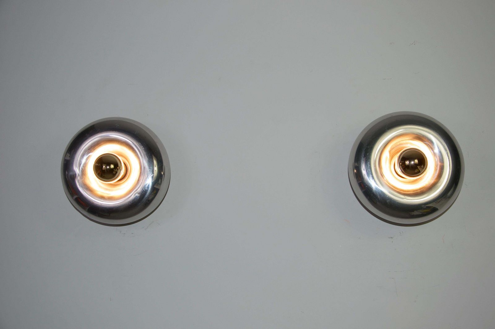 Pair Of Chrome Disc Shape Wall Lamps Or Flushmounts, 1960s photo for sale