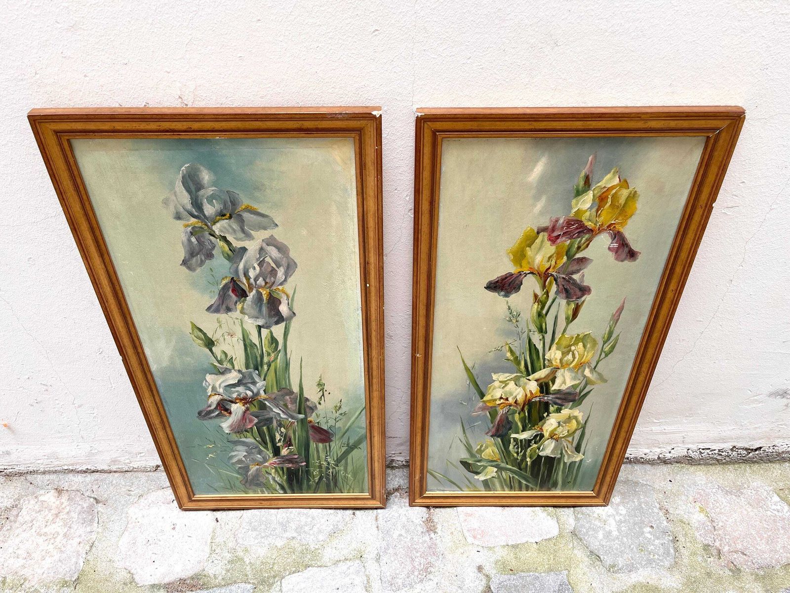 Paar irissschilderijen uit 1902, antieke stillevens met vergulde lijsten, bloemenschilderijen photo furniture