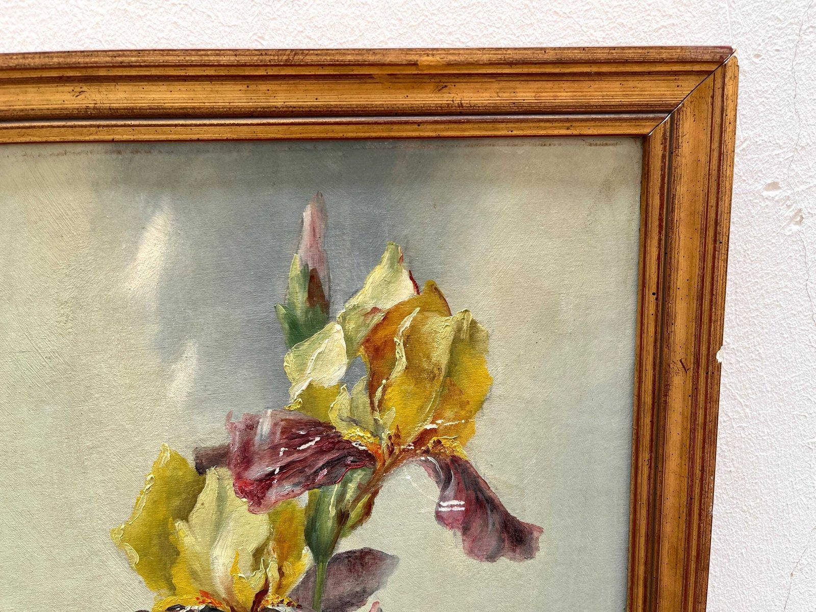 542.0 Paar irissschilderijen uit 1902, antieke stillevens met vergulde lijsten, bloemenschilderijen photo