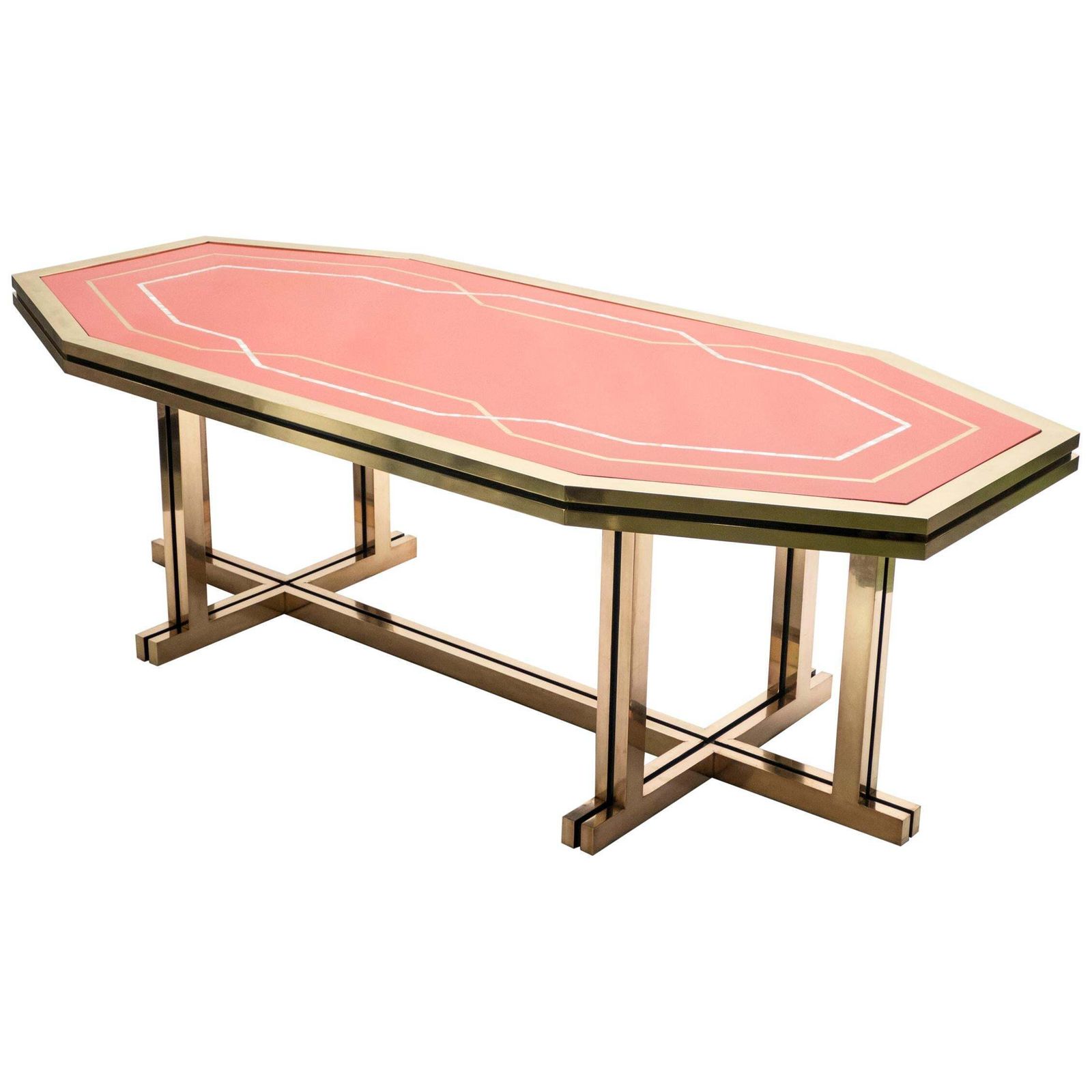Table à manger ou bureau Maison Jansen en laque rouge et laiton, années 1970