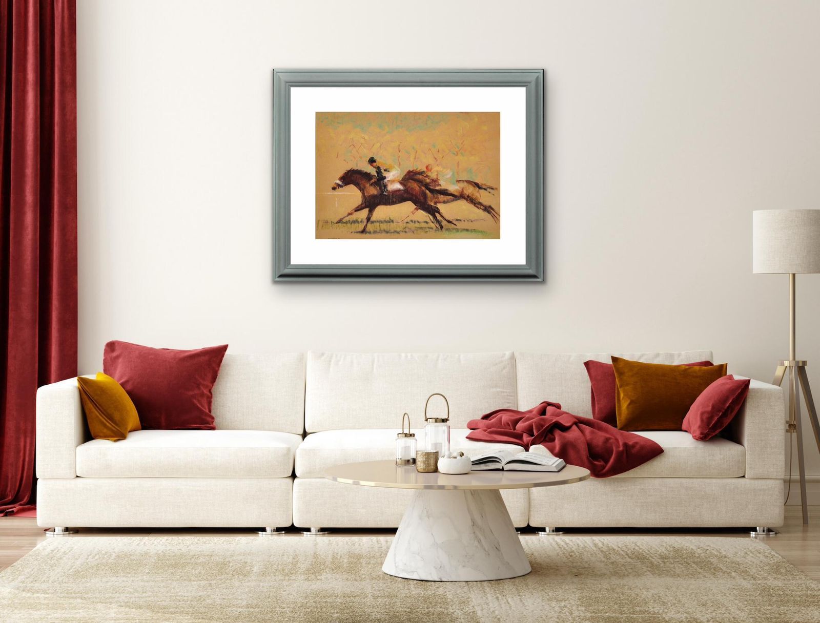 John Rattenbury Skeaping, 1901-1980. Into The Final Furlong, 1965. Dessin au pastel sur papier coloré représentant des chevaux de course, encadré. Mid-century, britannique. photo buy