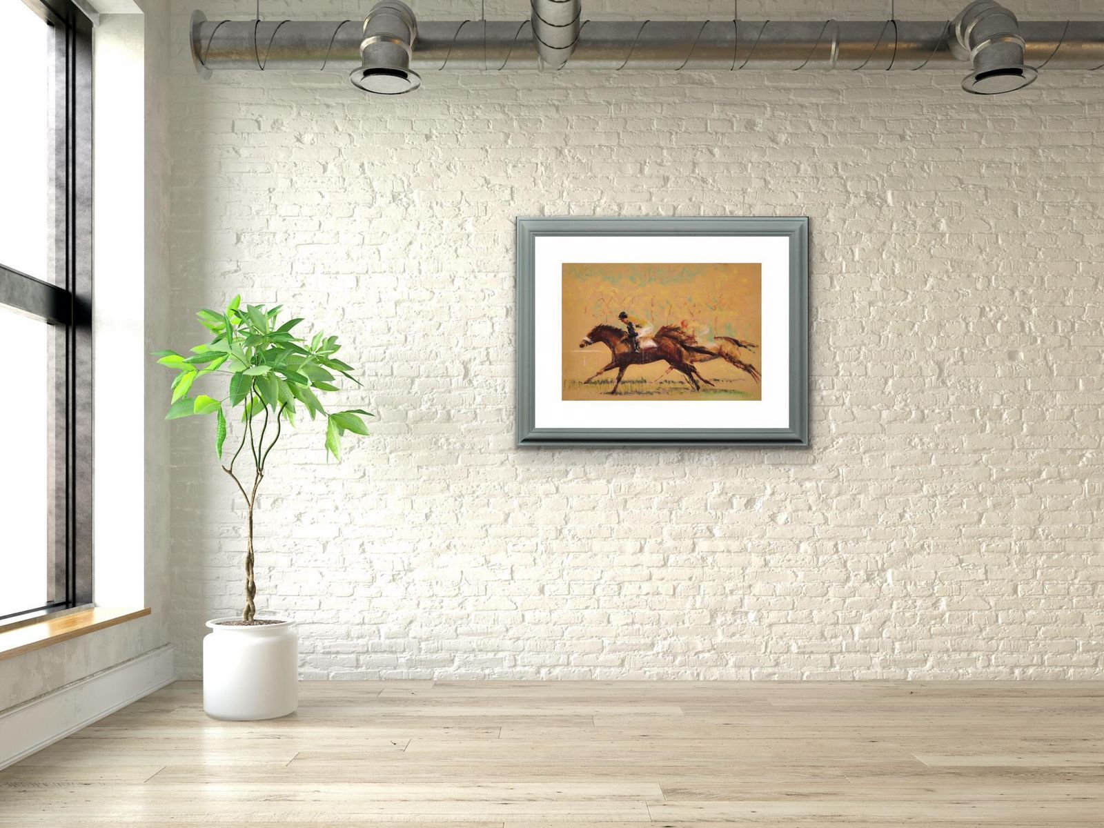 photo for sale John Rattenbury Skeaping, 1901-1980. Into The Final Furlong, 1965. Dessin au pastel sur papier coloré représentant des chevaux de course, encadré. Mid-century, britannique.