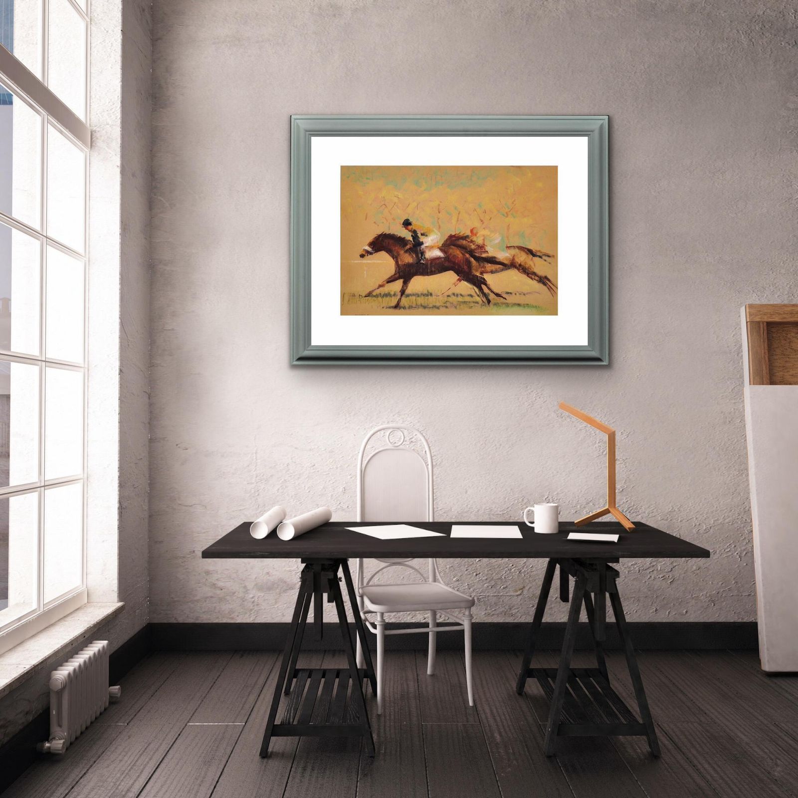 Art John Rattenbury Skeaping, 1901-1980. Into The Final Furlong, 1965. Dessin au pastel sur papier coloré représentant des chevaux de course, encadré. Mid-century, britannique. photo