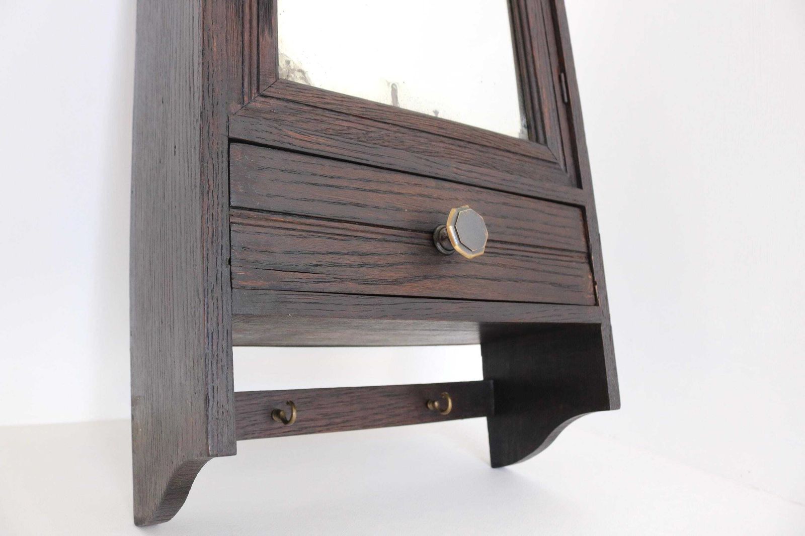 Antiek Eikenhouten Wandkastje met Spiegel, Lade & Haken, art deco Gangkast photo 602.0