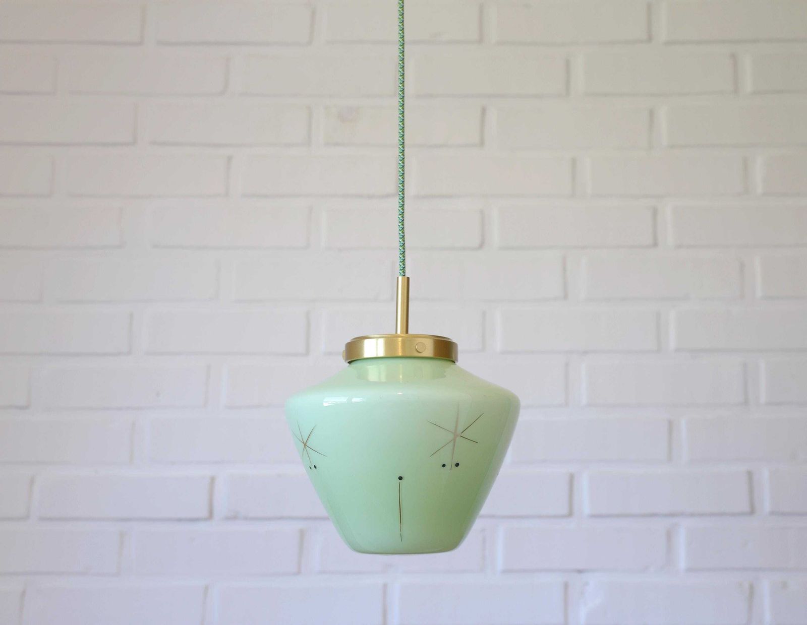 Vintage Space Age Mint Green Opaline Glass Pendant Light | Mid Century Modern | Hand Blown Glass | Brass Redesign photo Lighting