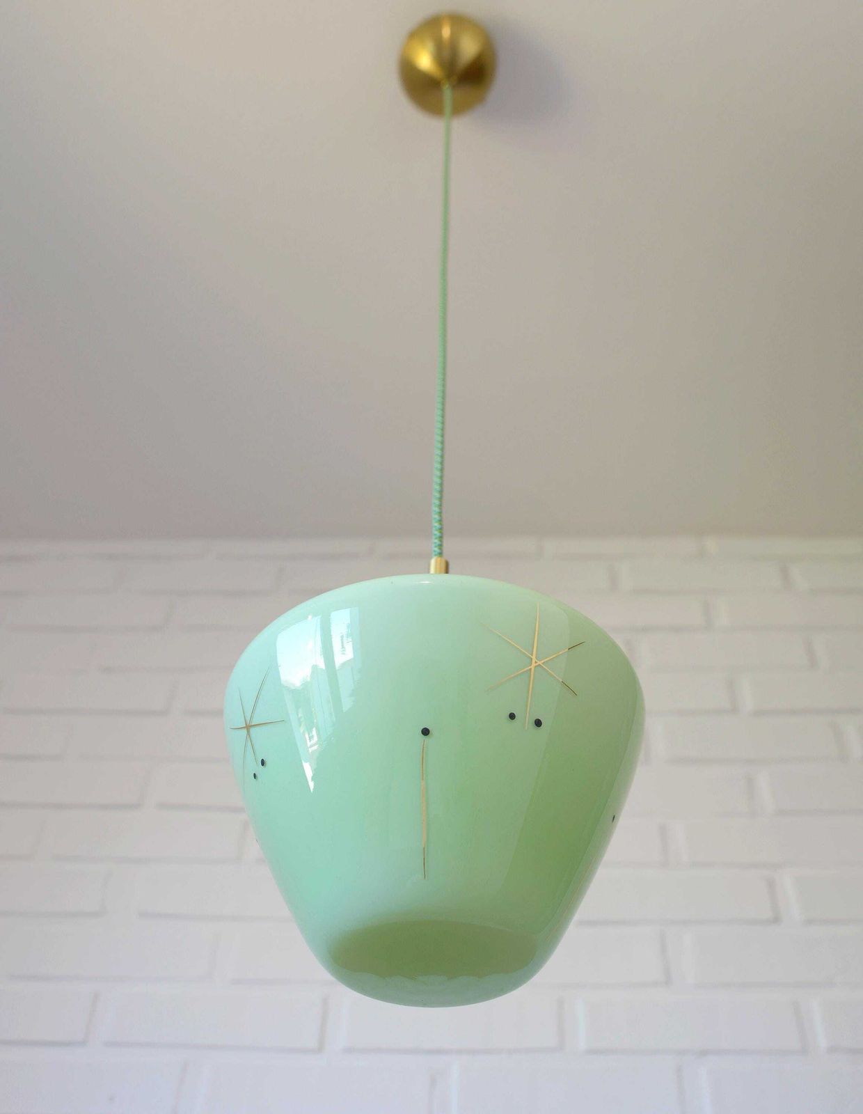 Vintage Space Age Mint Green Opaline Glass Pendant Light | Mid Century Modern | Hand Blown Glass | Brass Redesign photo buy