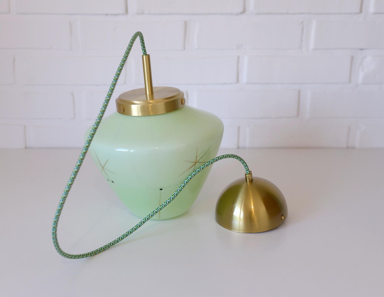photo for sale Vintage Space Age Mint Green Opaline Glass Pendant Light | Mid Century Modern | Hand Blown Glass | Brass Redesign