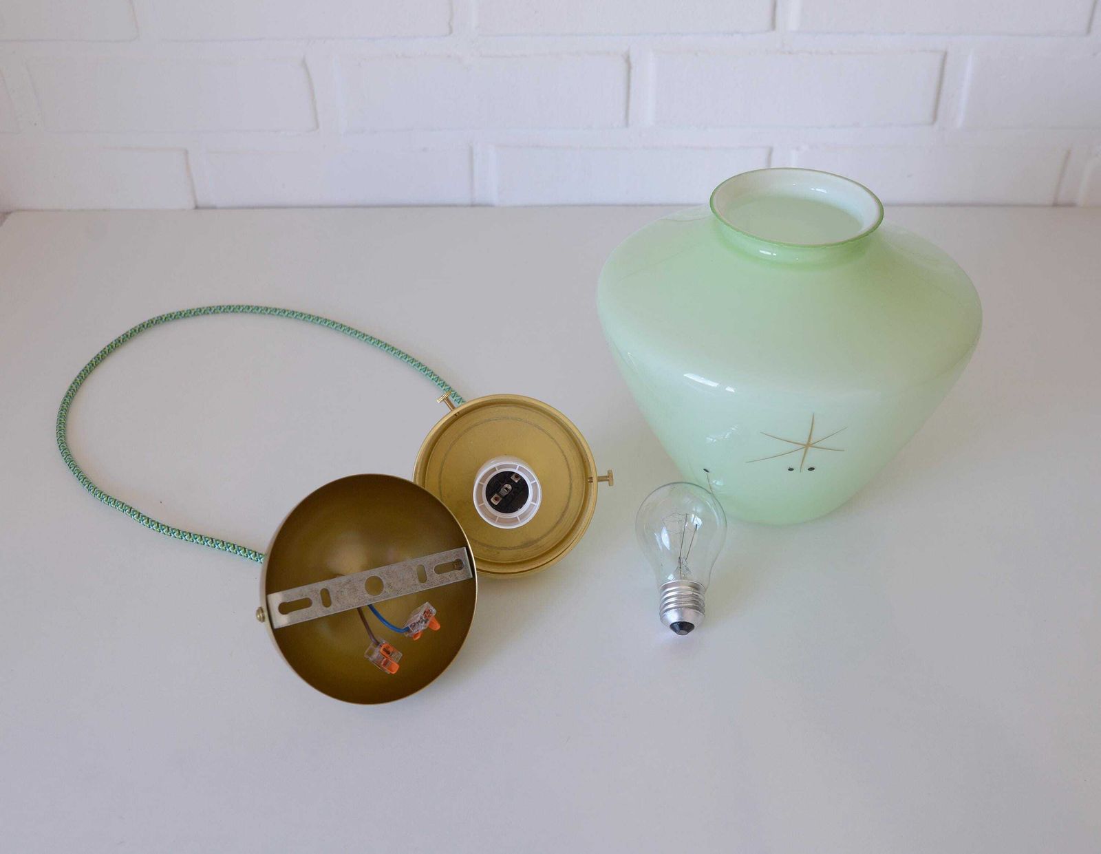 252.0 Vintage Space Age Mint Green Opaline Glass Pendant Light | Mid Century Modern | Hand Blown Glass | Brass Redesign photo
