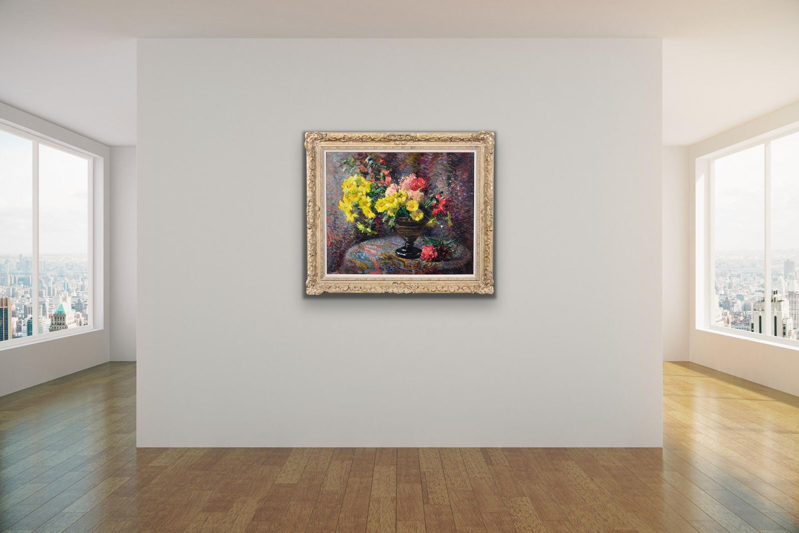 Jean Chaleye 1878 tot 1960. Frans. Stilleven met anjers en goudsbloemen. Ingelijst post-impressionistisch pointillisme, olieverfschilderij. photo vintage