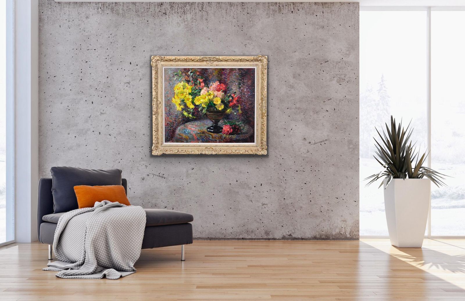 photo buy Jean Chaleye, 1878-1960. Français. Nature morte aux œillets et soucis. Huile encadrée, post-impressionnisme pointilliste.