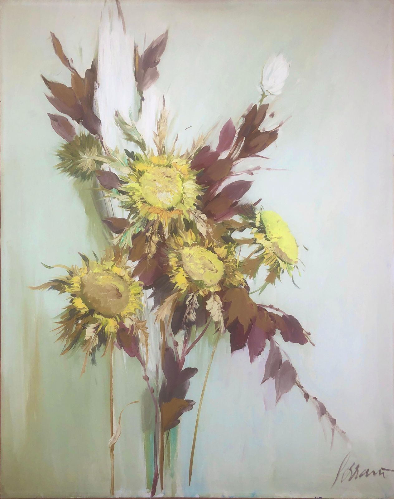Josep Miquel Serrano – Mediterraan stilleven met zonnebloemen, expressionistisch olieverfschilderij, ca. 1965