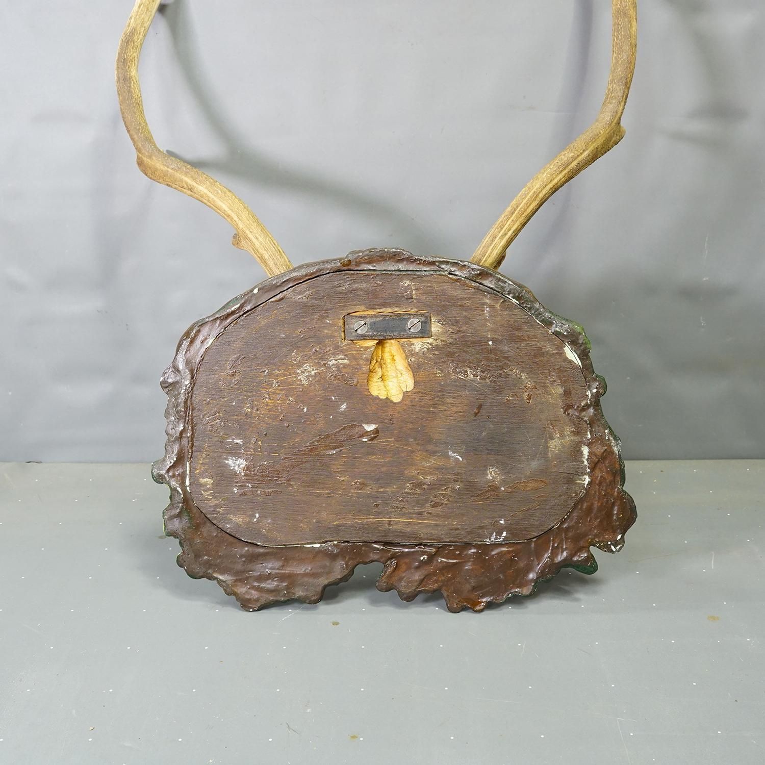 photo furniture Black Forest 12-ender hertentrofee op gipsen plaquette, Duitsland, jaren 1920