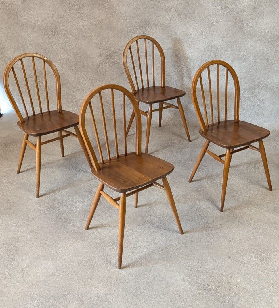 Set Of 4 Mid Century Ercol Hoop Back Dining Chairs  Blue Label photo for sale