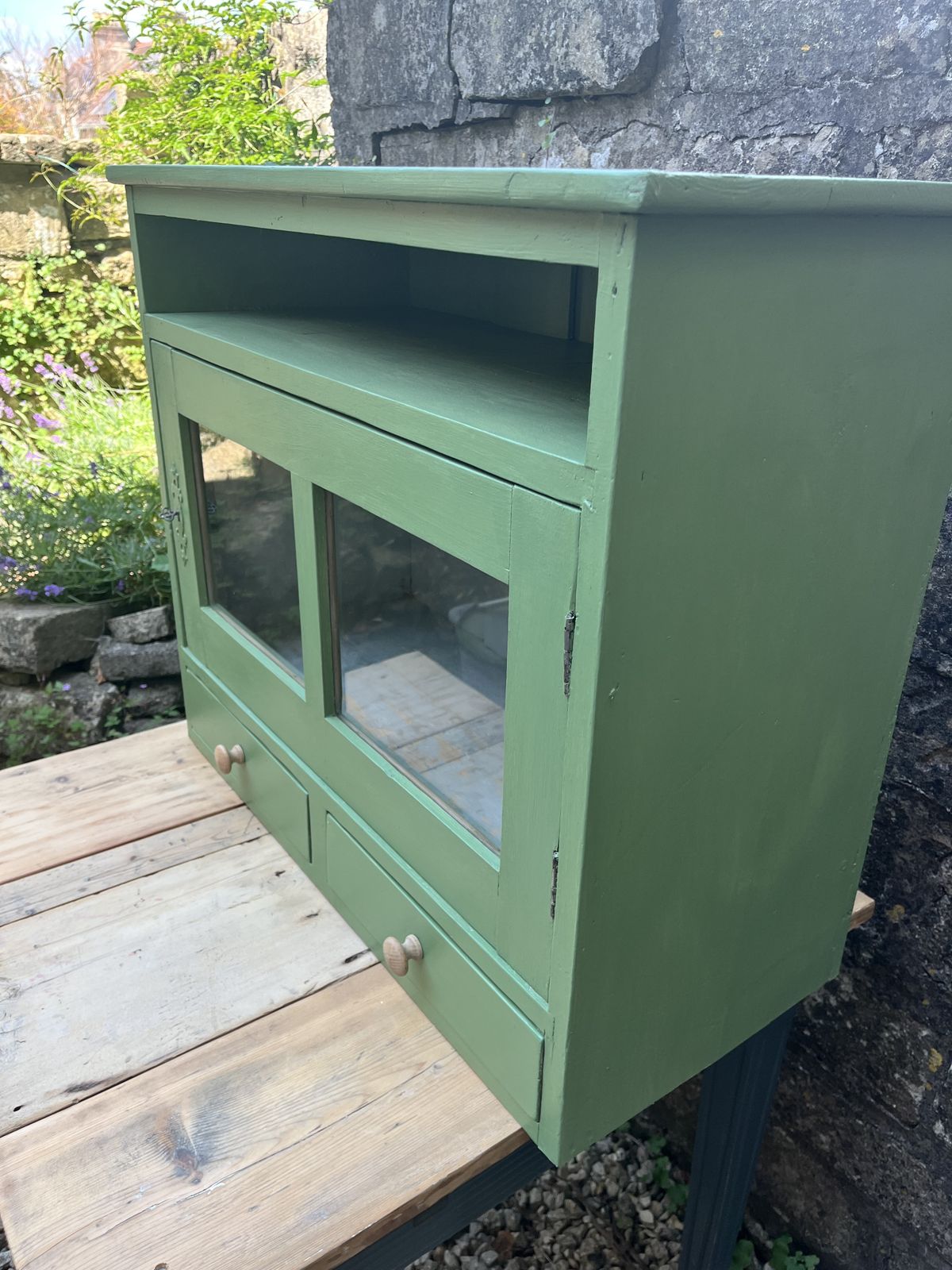 Small Green Continental Painted Glazed Cupboard With 2 Drawers photo furniture