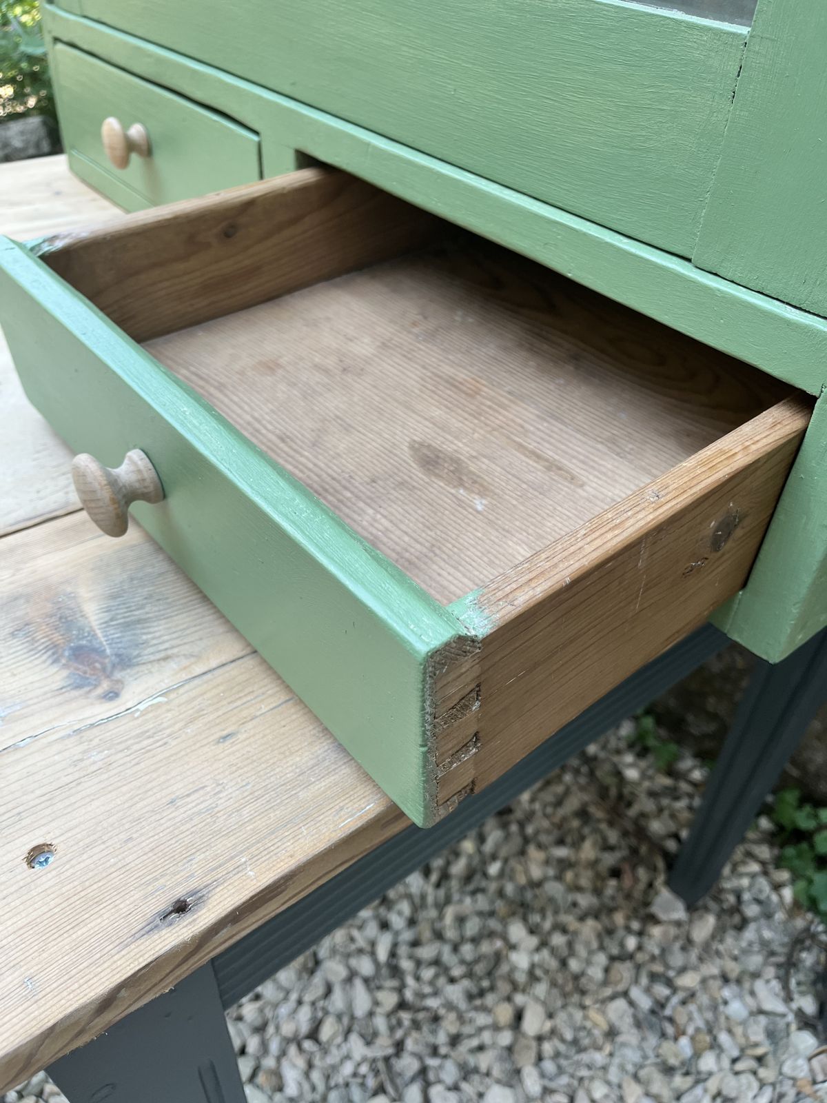 Small Green Continental Painted Glazed Cupboard With 2 Drawers photo Furniture