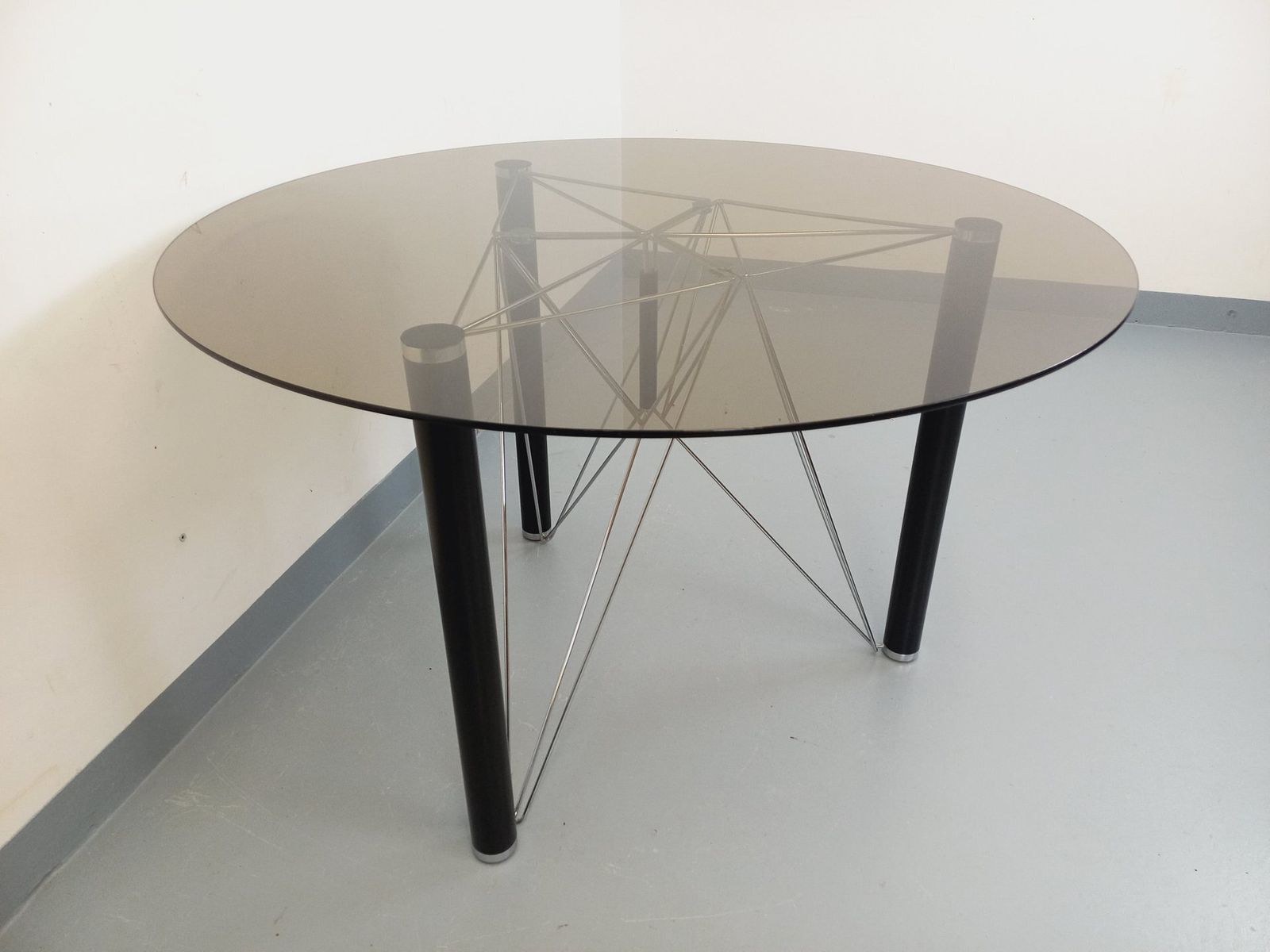 Round Table In Smoked Glass, Black Metal And Chrome Metal photo vintage