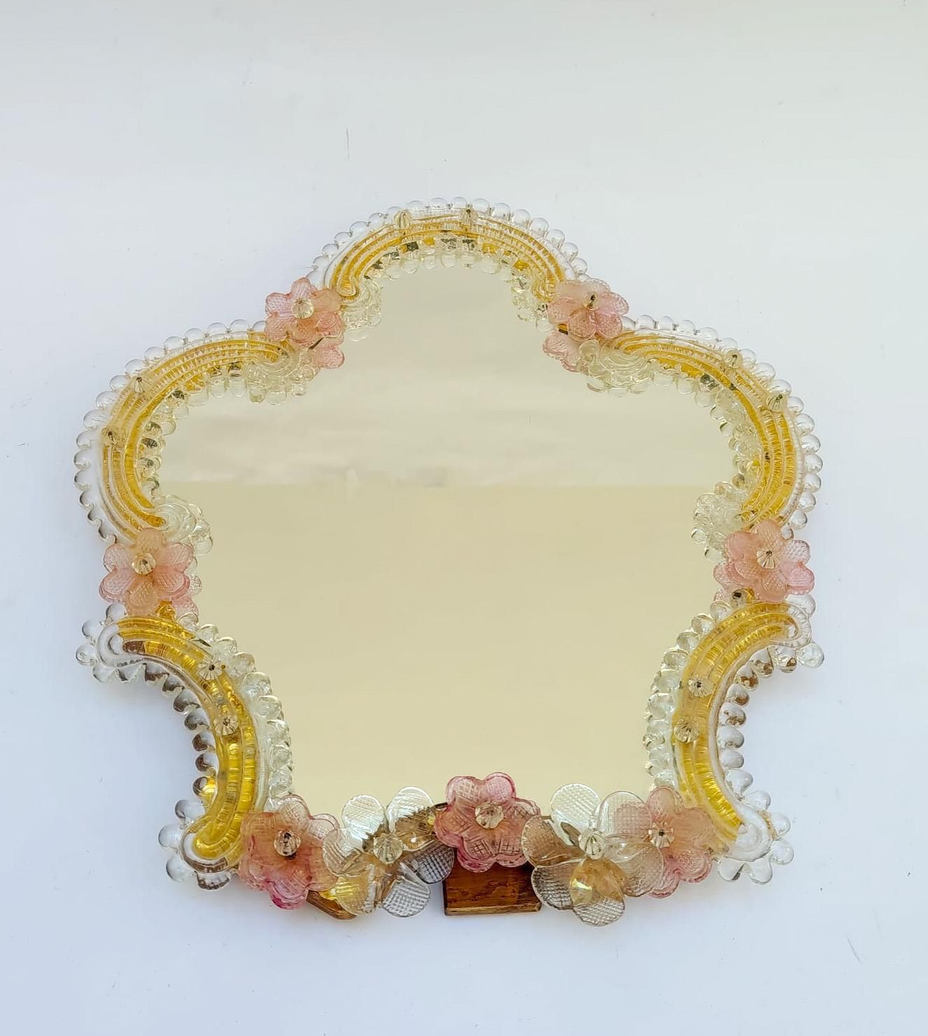 Grand miroir de table à cadre en verre de Murano, roses Barovier, mid-century, 35 cm photo for sale