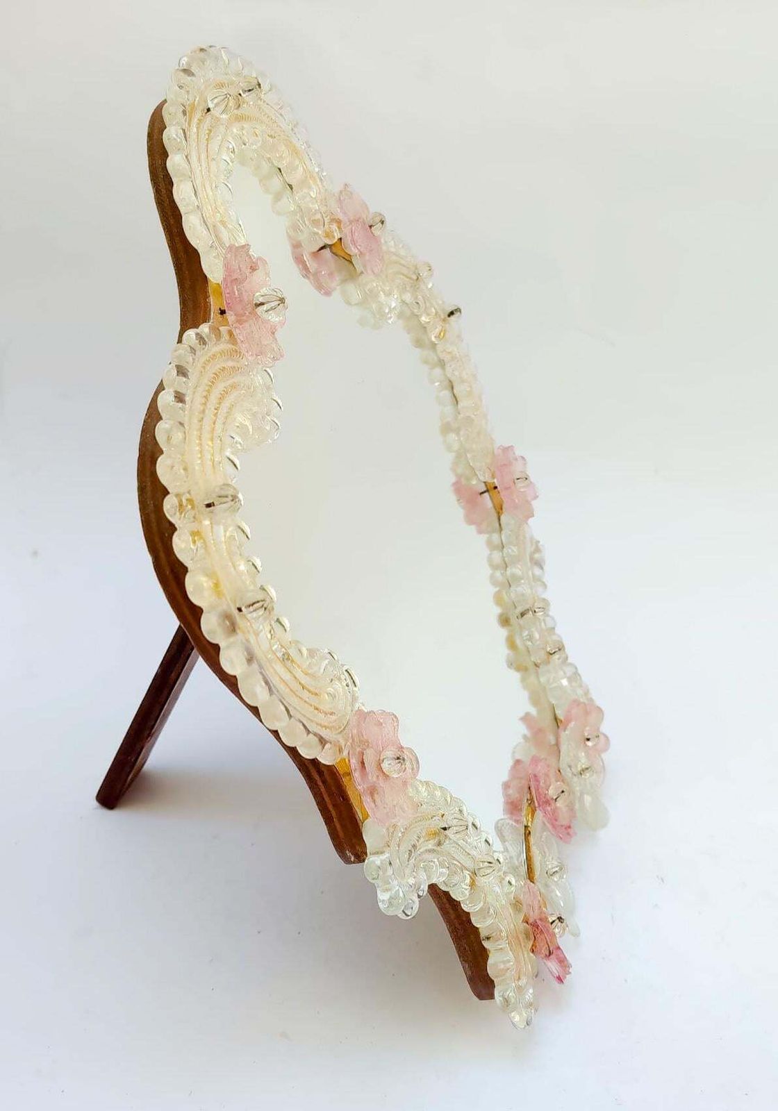 Grand miroir de table à cadre en verre de Murano, roses Barovier, mid-century, 35 cm photo 245.0