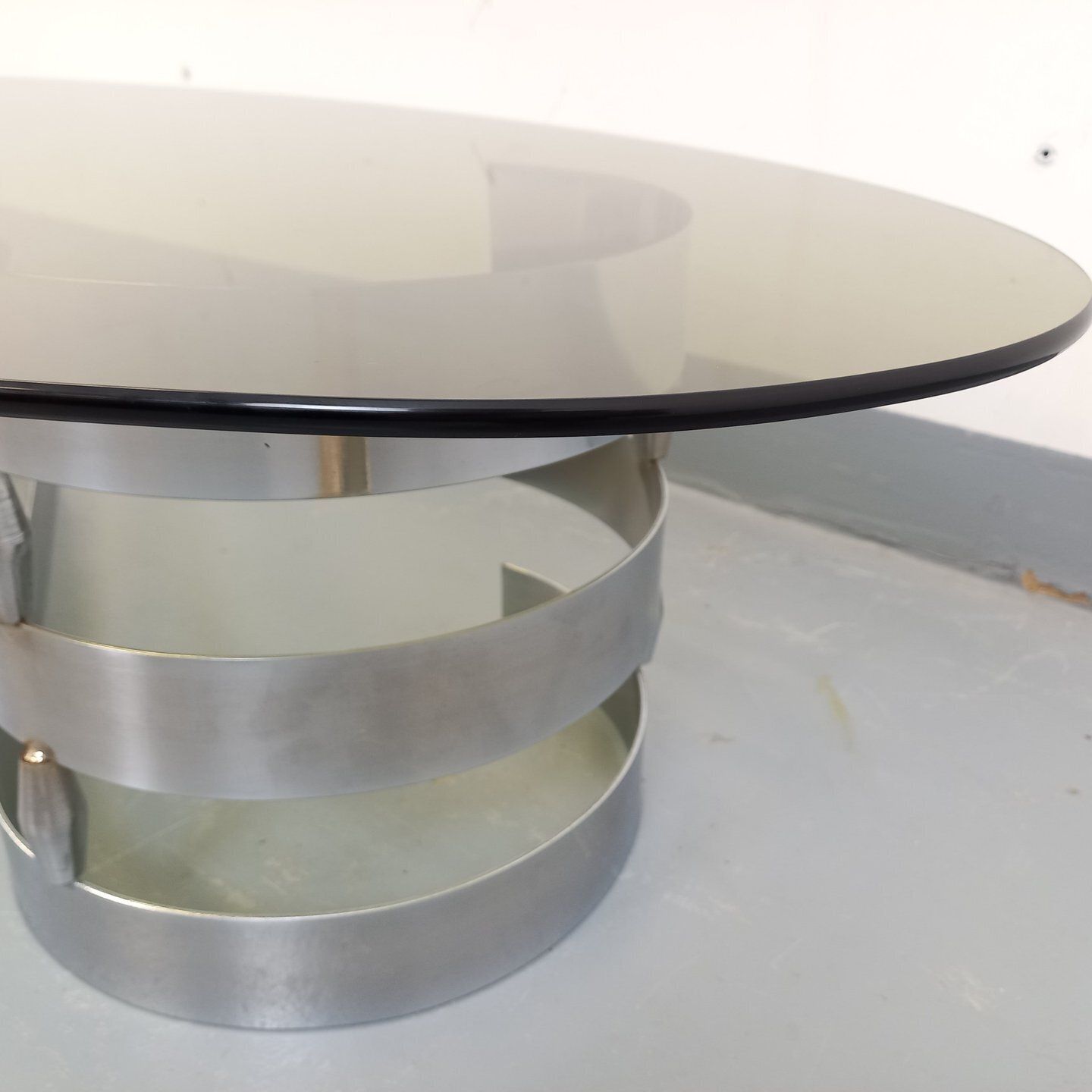 photo for sale Space Age Oval Coffee Table In Smoked Glass And Chromed Metal