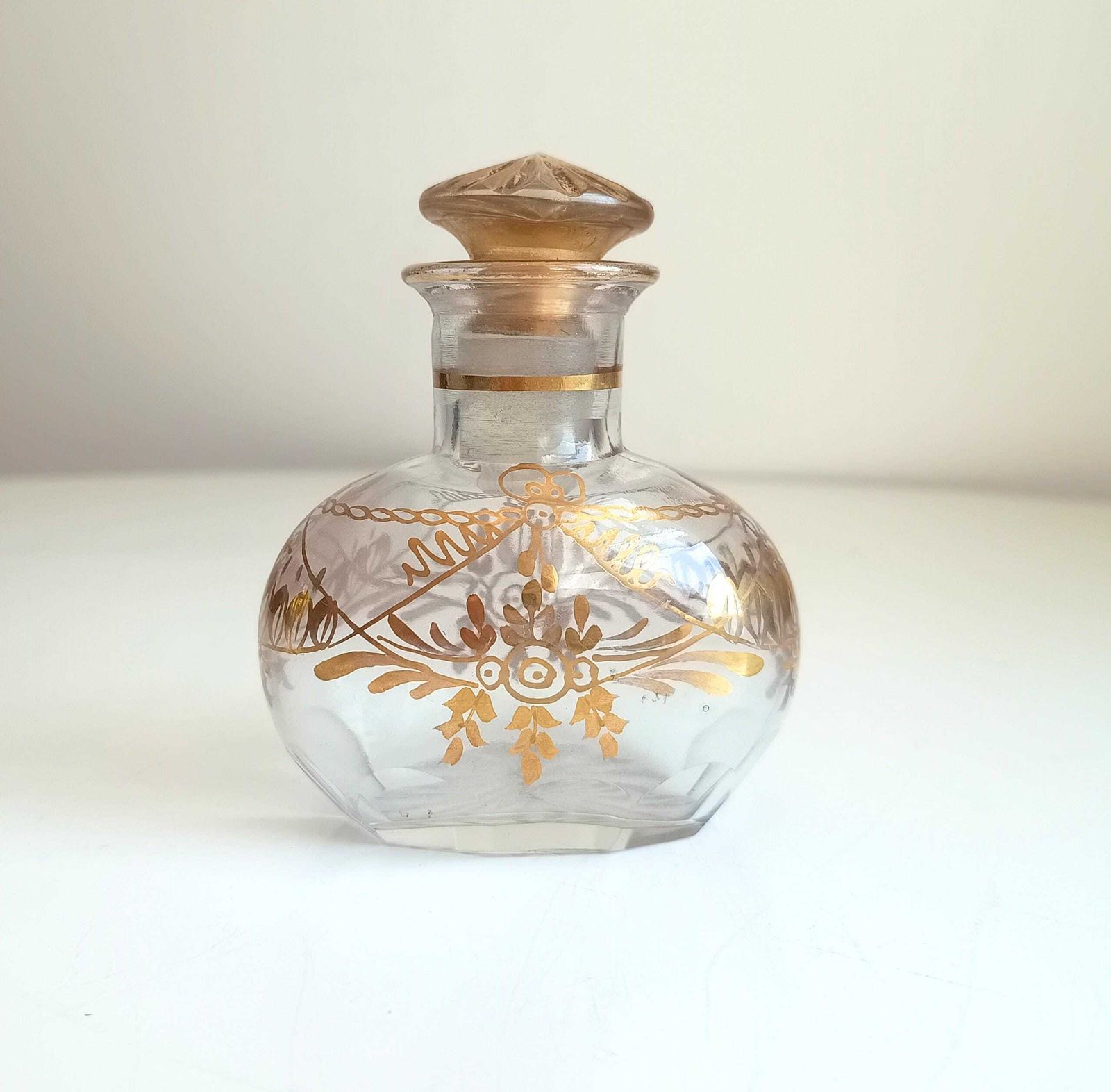 Antique French Gilt Perfume Bottle: Baccarat Circle Napoleon III Era Crystal Scent C 1900