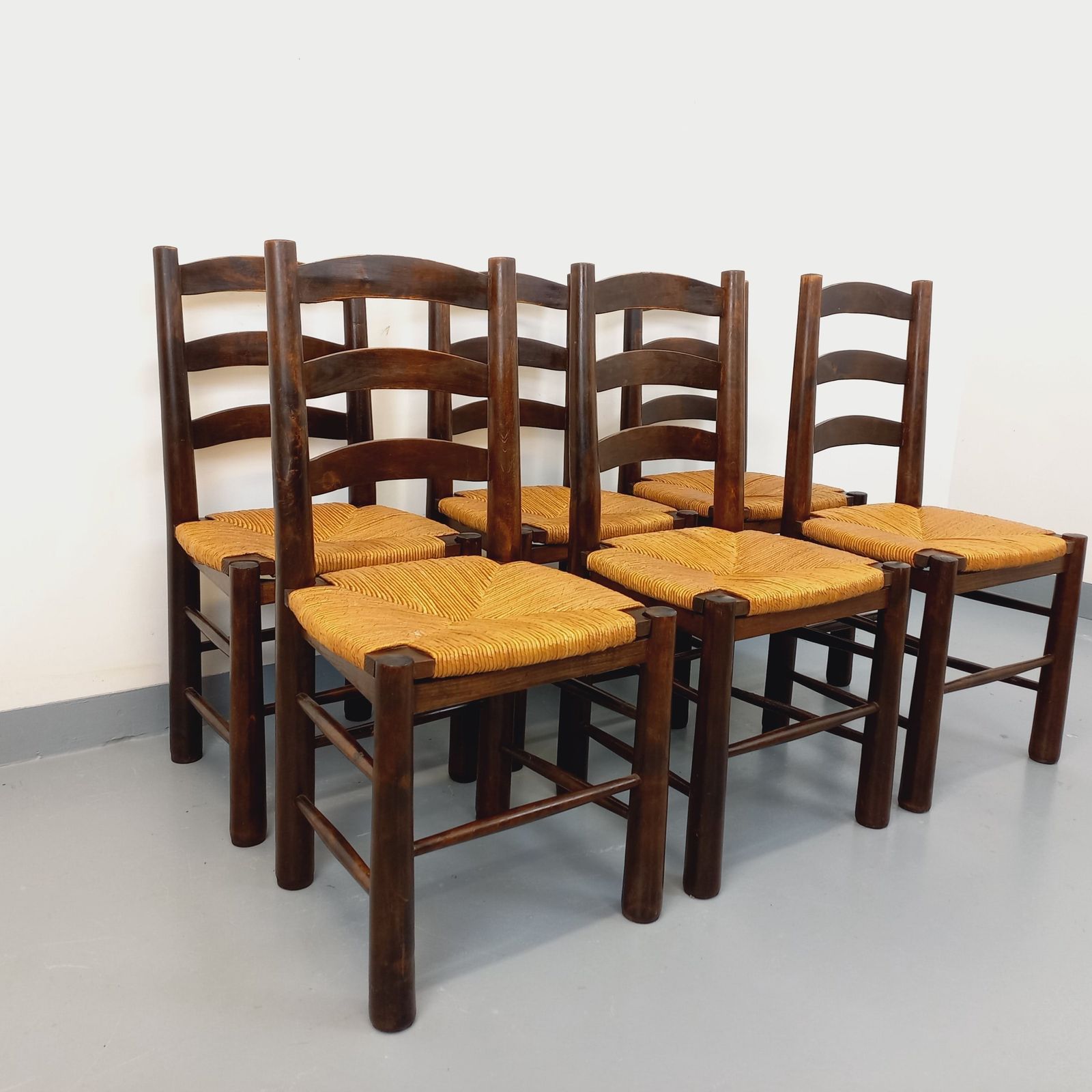 6 Brutalist Chairs By Georges Robert In Wood And Straw photo vinterior