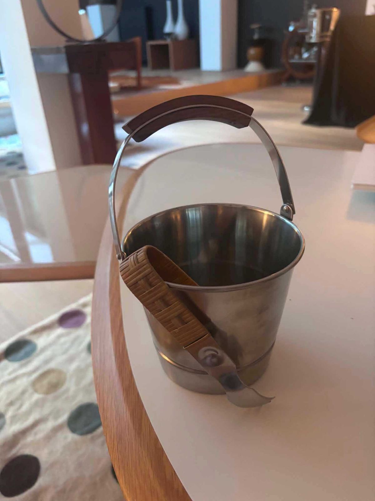 Vintage Lundtofte Denmark IJsemmer van Roestvrij Staal & Teak met Gevlochten IJstang – Scandinavian Modern Barware, ca. jaren 1960 photo buy