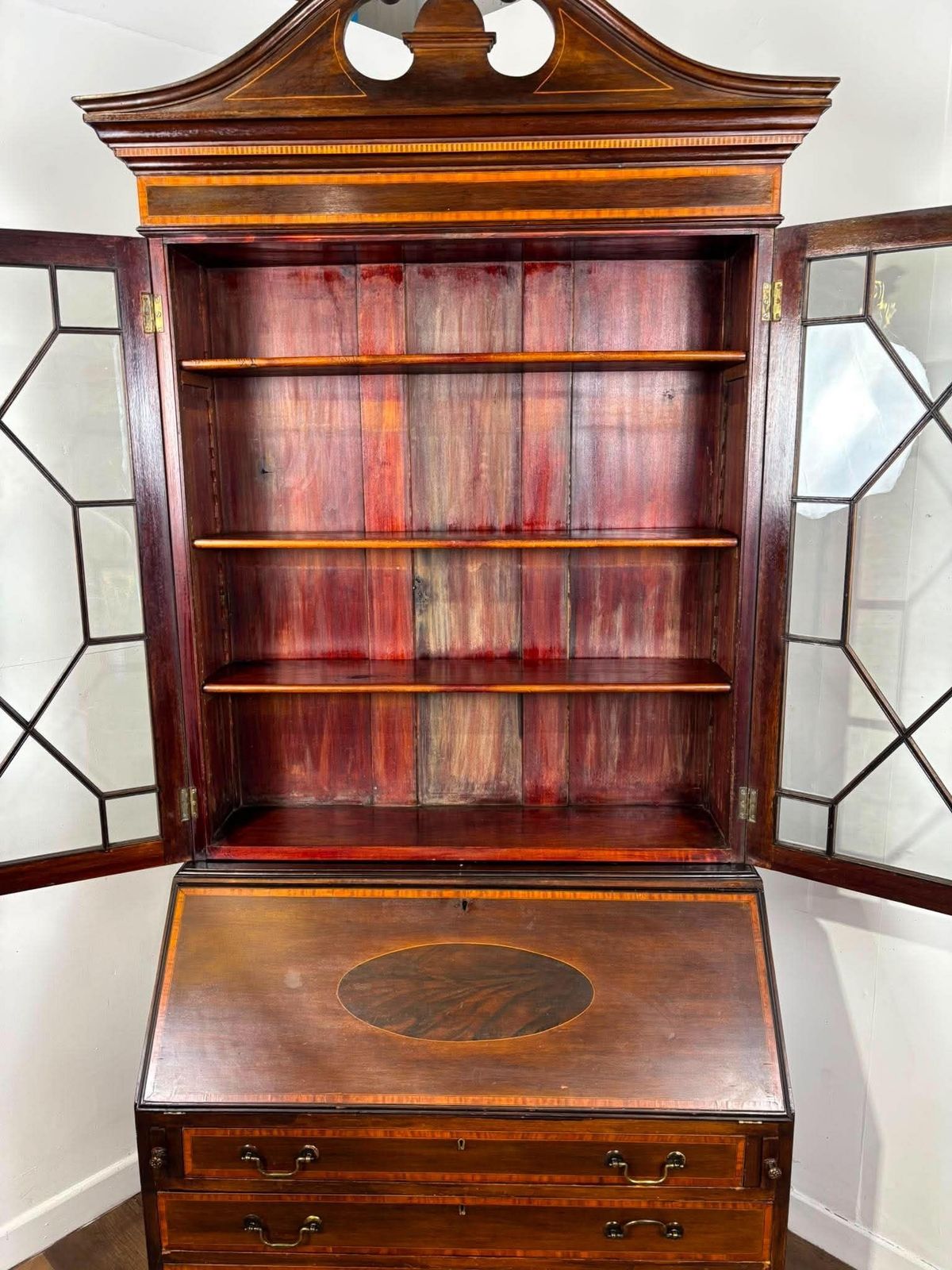 Edwardian Sheraton Style Inlaid Mahogany Bureau Bookcase photo vintage