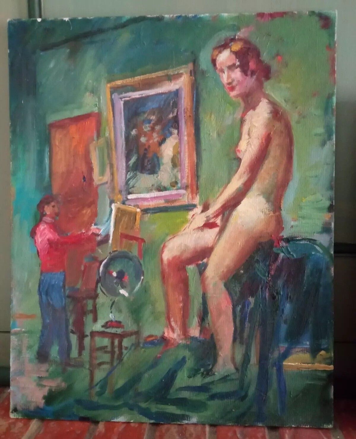 Antiek impressionistisch olieverfschilderij op paneel - Vrouwelijk naakt portret | 20e eeuw photo furniture