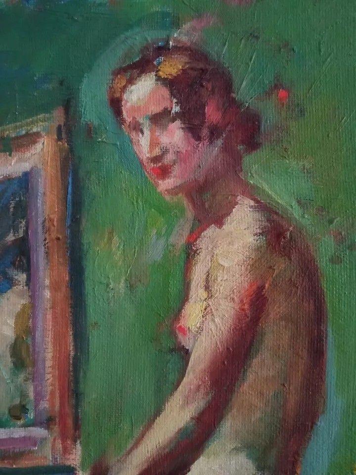 Antiek impressionistisch olieverfschilderij op paneel - Vrouwelijk naakt portret | 20e eeuw photo Kunst