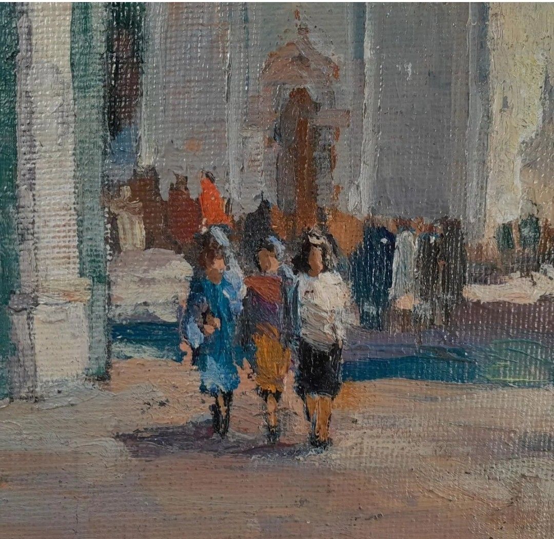 Antiek impressionistisch olieverfschilderij, stadsgezicht met kathedraal | 20e eeuw photo Kunst