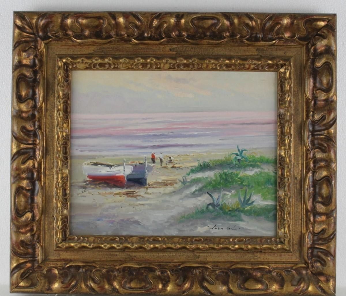 Olieverfschilderij Zeegezicht Boten met Impressionistische Figuren 20e Eeuw