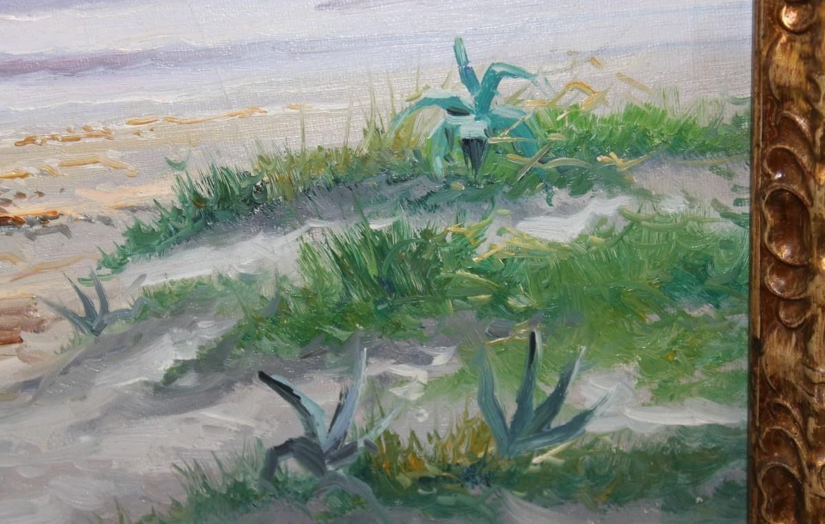 Olieverfschilderij Zeegezicht Boten met Impressionistische Figuren 20e Eeuw photo vinterior