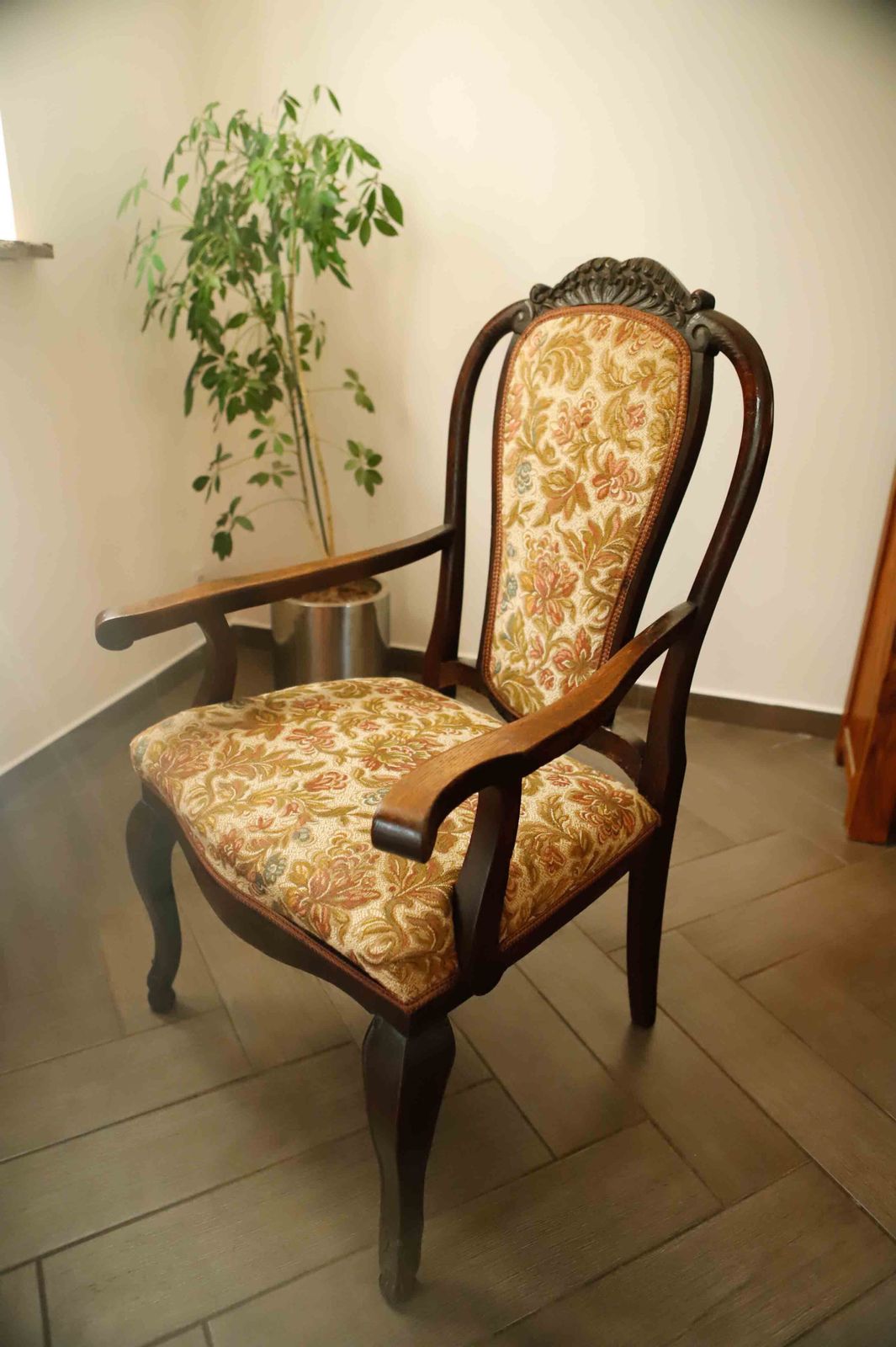 Antique Queen Anne Revival Carver Armchair With Floral Tapestry Upholstery photo for sale