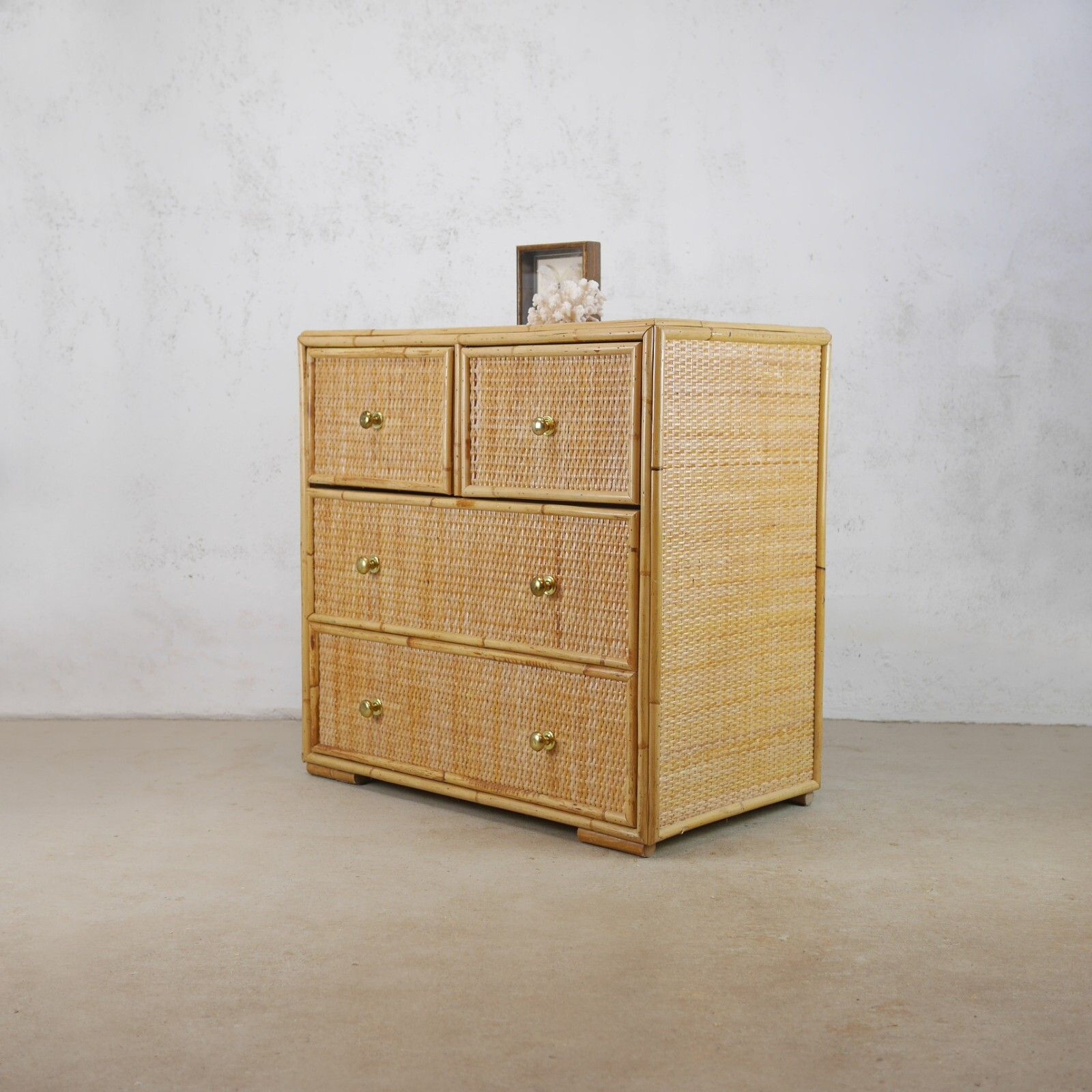 Vintage Mid Century Bamboo Rattan Chest Drawers Brass Angraves Glass Top #102844 photo for sale