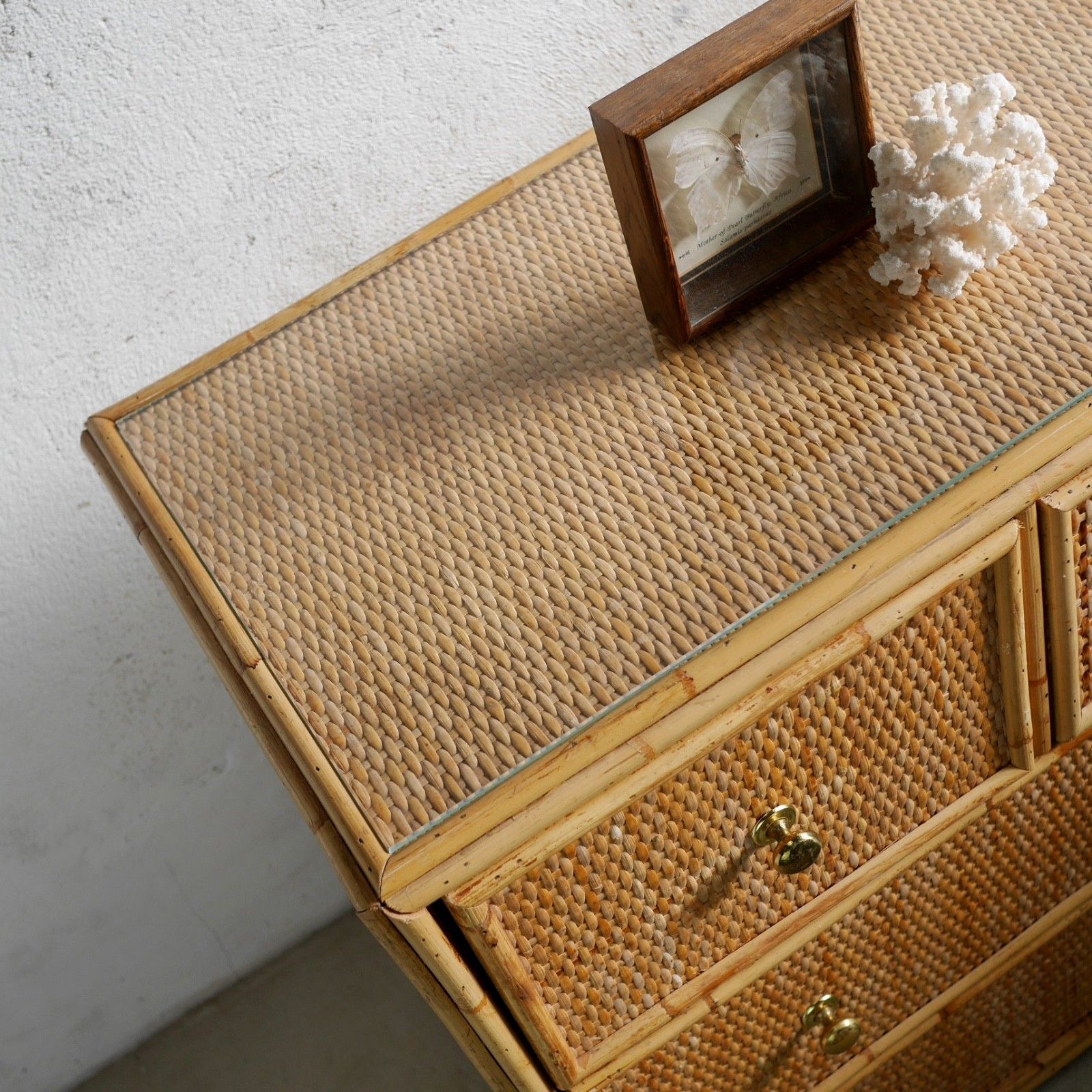 photo for sale Vintage Mid Century Bamboo Rattan Chest Drawers Brass Angraves Glass Top #102844