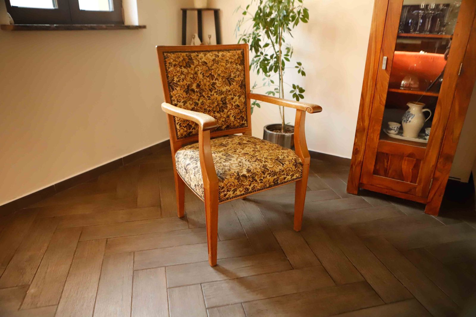 Vintage Salon Armchair With Floral Tapestry Upholstery And Scroll Armrests photo furniture