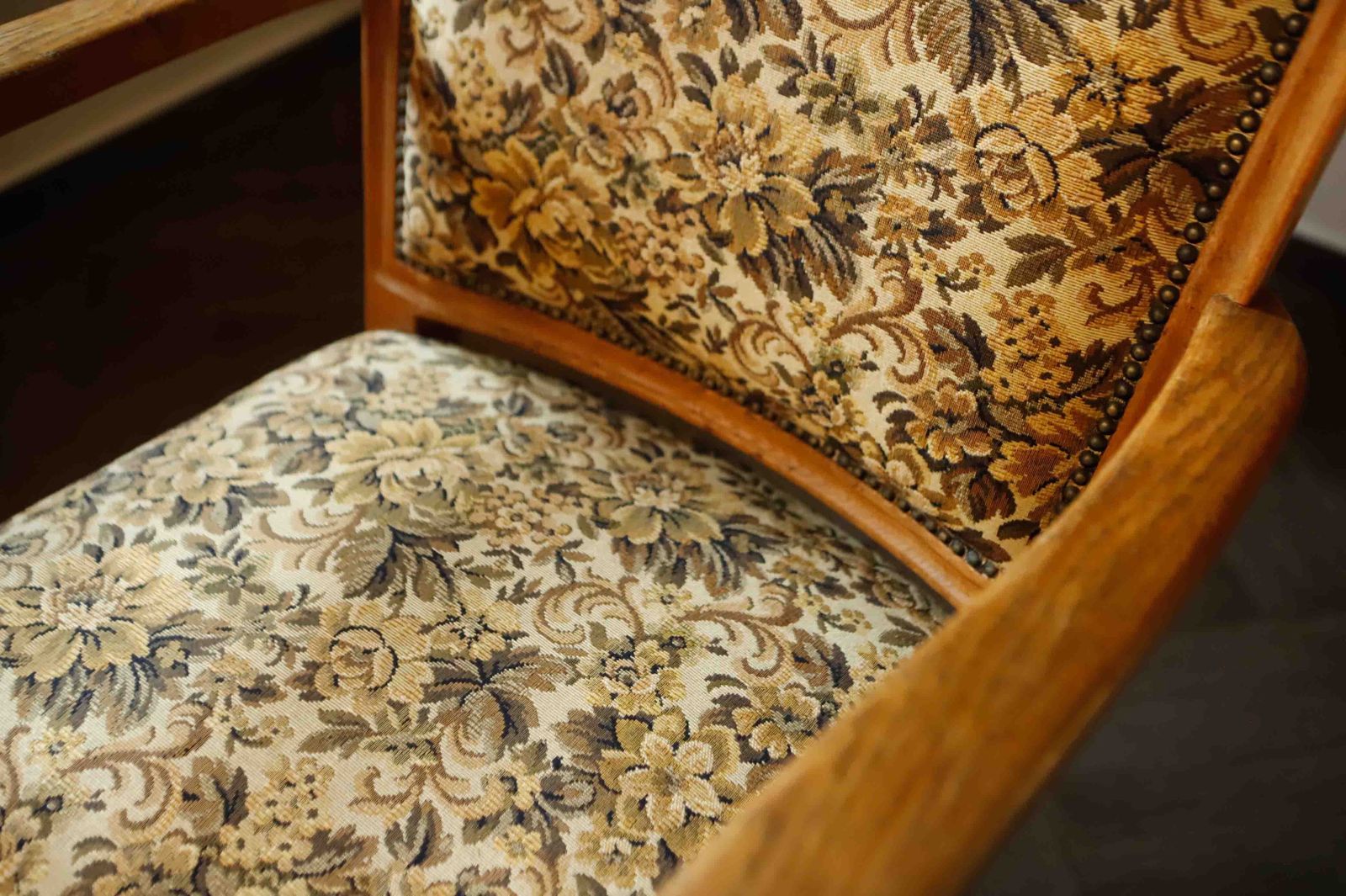Vintage Salon Armchair With Floral Tapestry Upholstery And Scroll Armrests photo Furniture