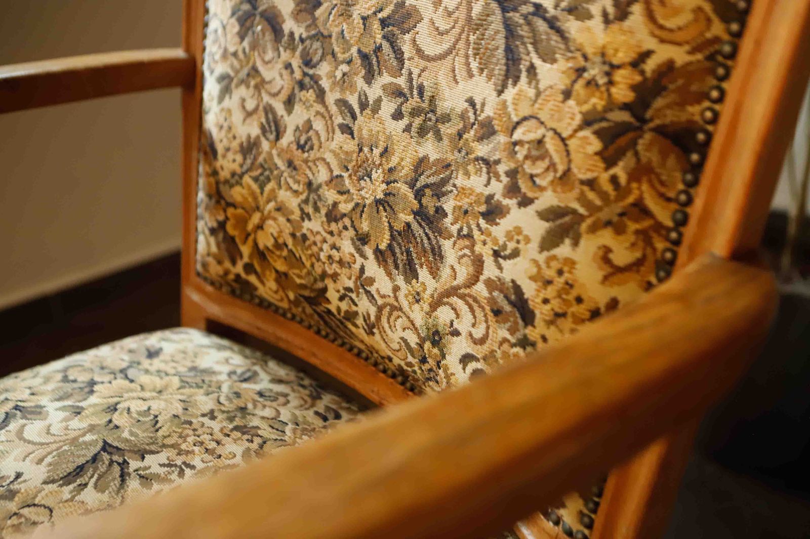 Vintage Salon Armchair With Floral Tapestry Upholstery And Scroll Armrests photo 545.0