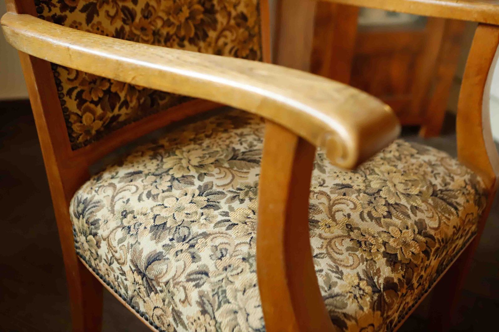 Vintage Salon Armchair With Floral Tapestry Upholstery And Scroll Armrests photo vinterior