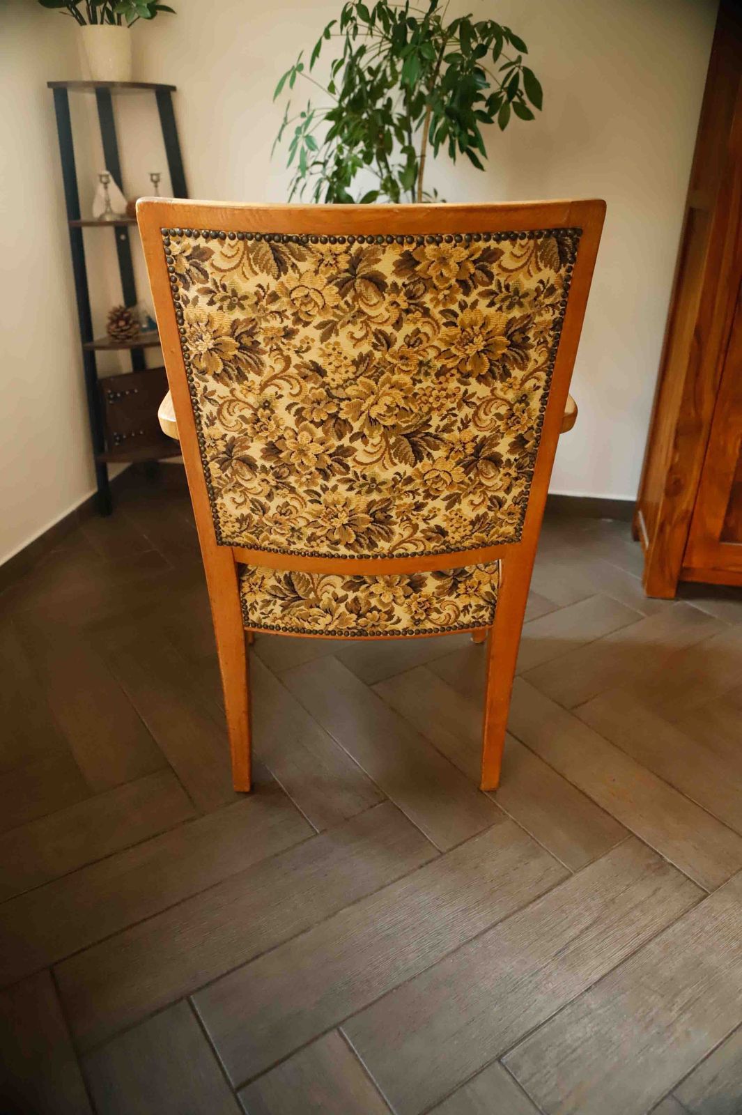 photo for sale Vintage Salon Armchair With Floral Tapestry Upholstery And Scroll Armrests