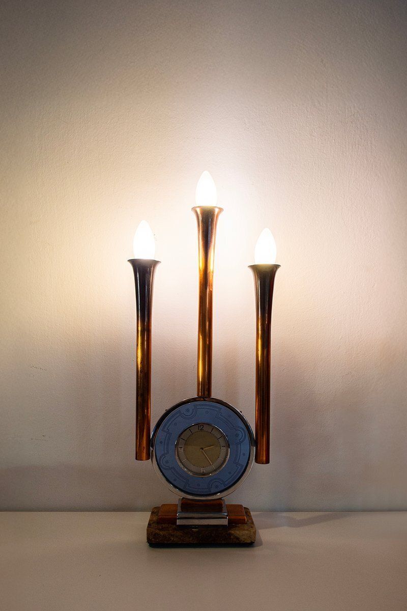 Art Deco Italiaanse glazen en marmeren klokklamp, jaren 1930