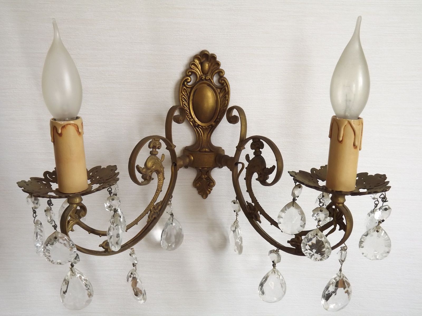French Vintage Double Bronze & Crystal Wall Light   Stylized Dolphin Detail photo furniture