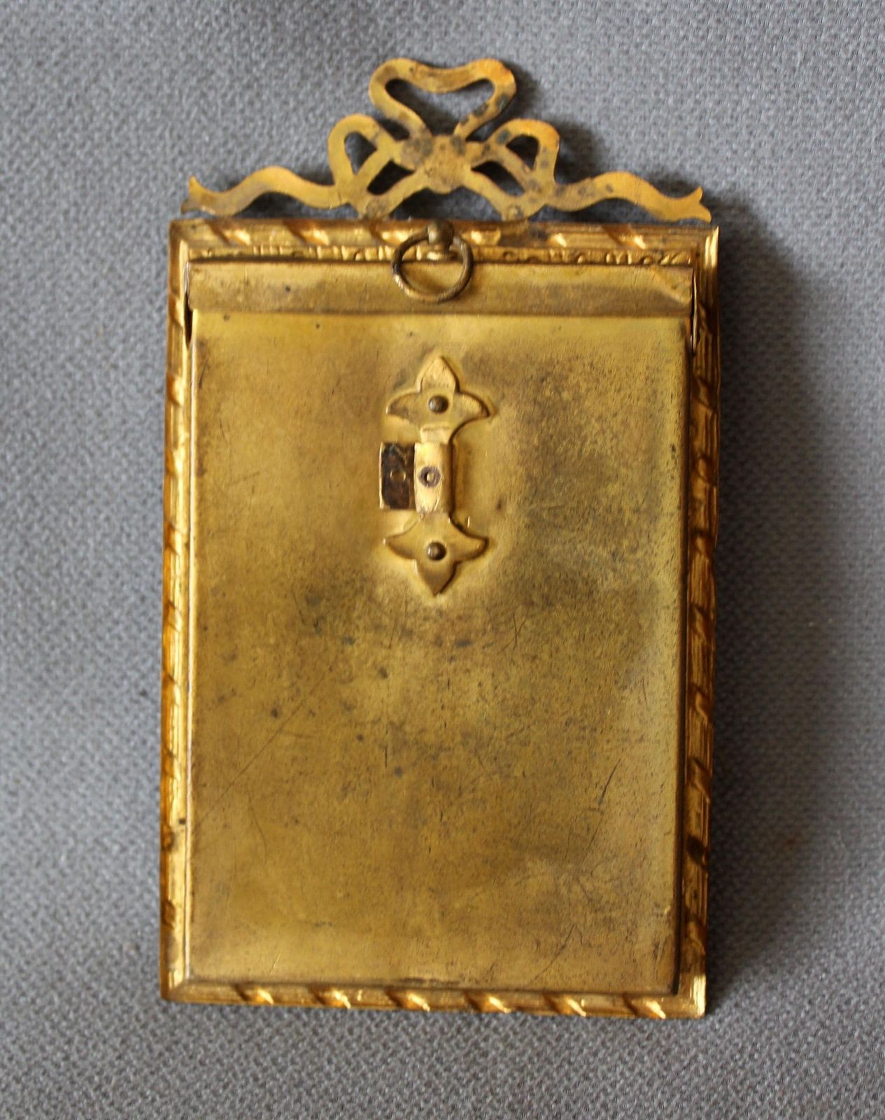 photo for sale Antique Gilded Bronze 19th Century French Photo Frame, Champleve Enamel Work, Louis XVI Style, Napoleon XIX, Ribbon Top, Chip On Glass