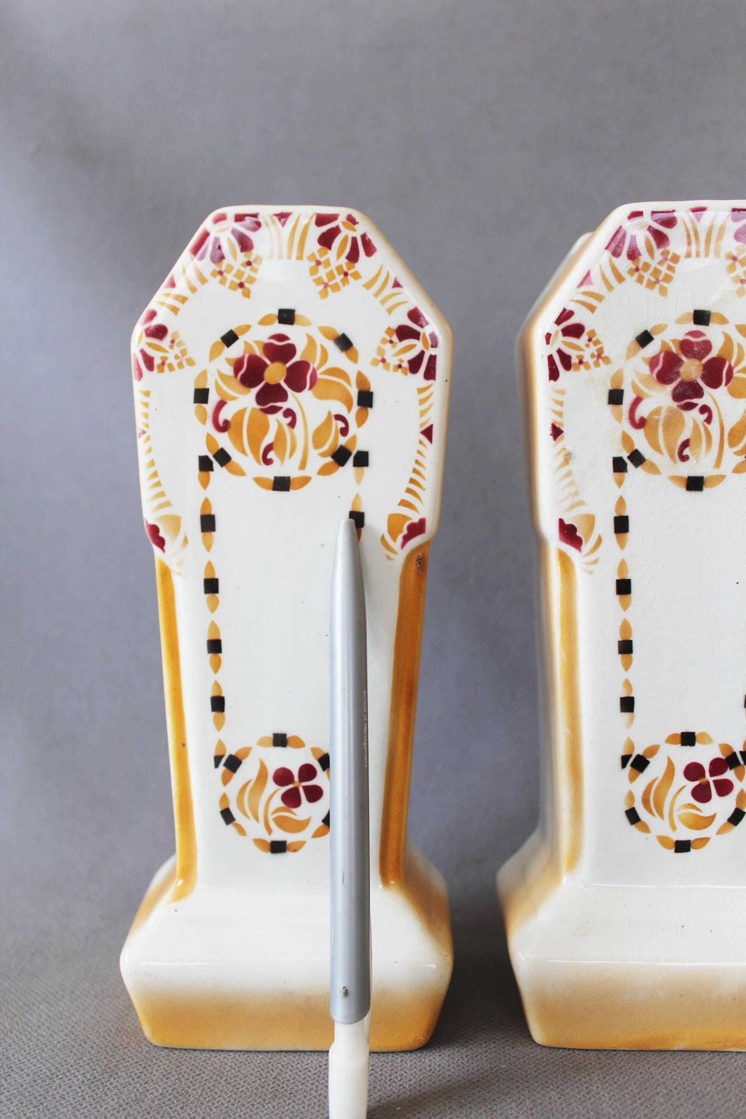 Set Of Two French Art Deco 1920s Ceramic Vase, Orchies France, Spritz Decor, Studio Art, Pair Geometric Bud Vases photo buy
