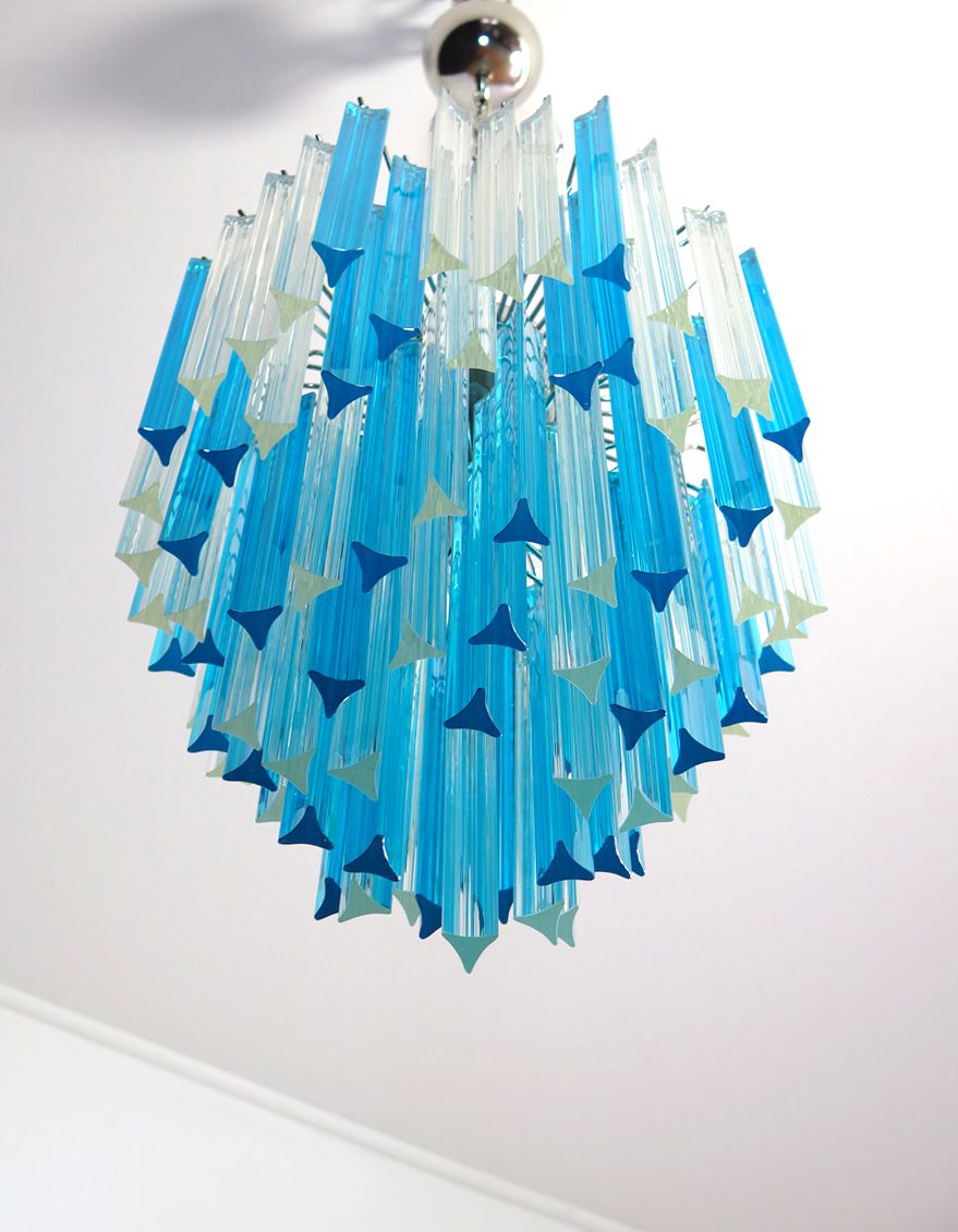 Murano Chandelier Triedri   92 Prism   Trasparent And Blue photo vintage
